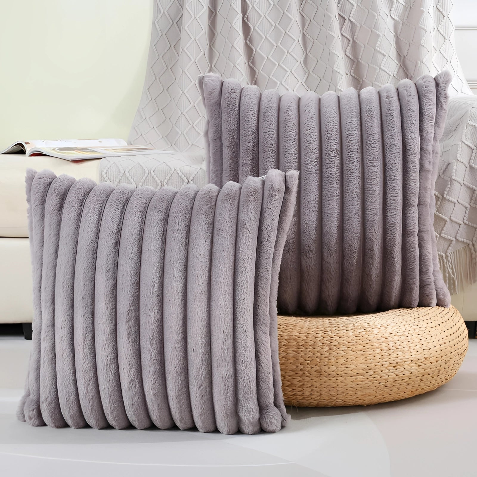 Gray Corduroy Pillow on Wooden Chair - Soft Ribbed Decorative Cushion in Warm Pastel Shade