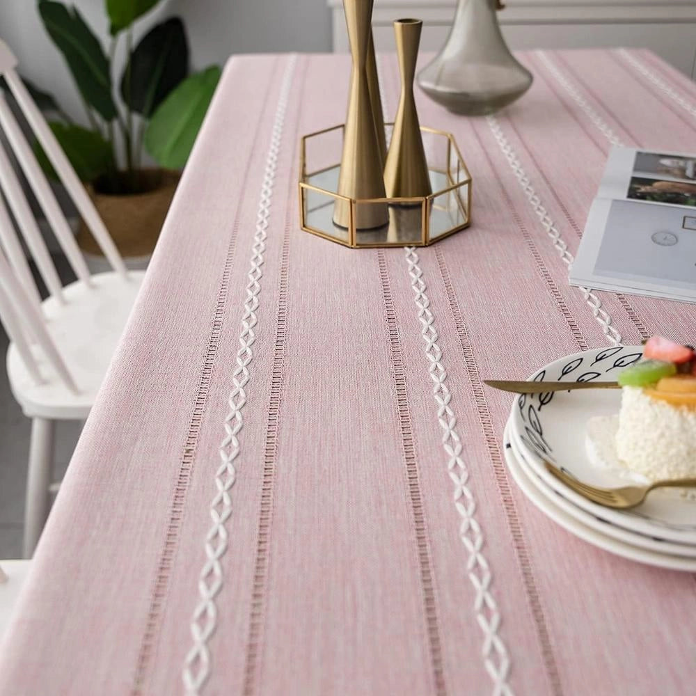 Pink Cotton Linen Table Runner - Embroidered Elegant Décor