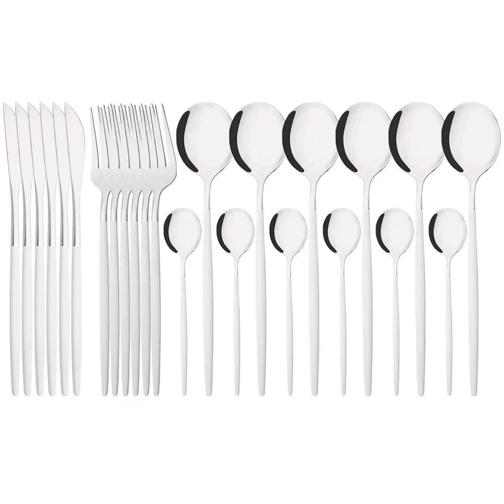 Elegant modern pink stainless steel flatware set consisting of 48 pieces, including forks, knives, and spoons with a sleek white-silver finish displayed in a neatly arranged horizontal pattern.