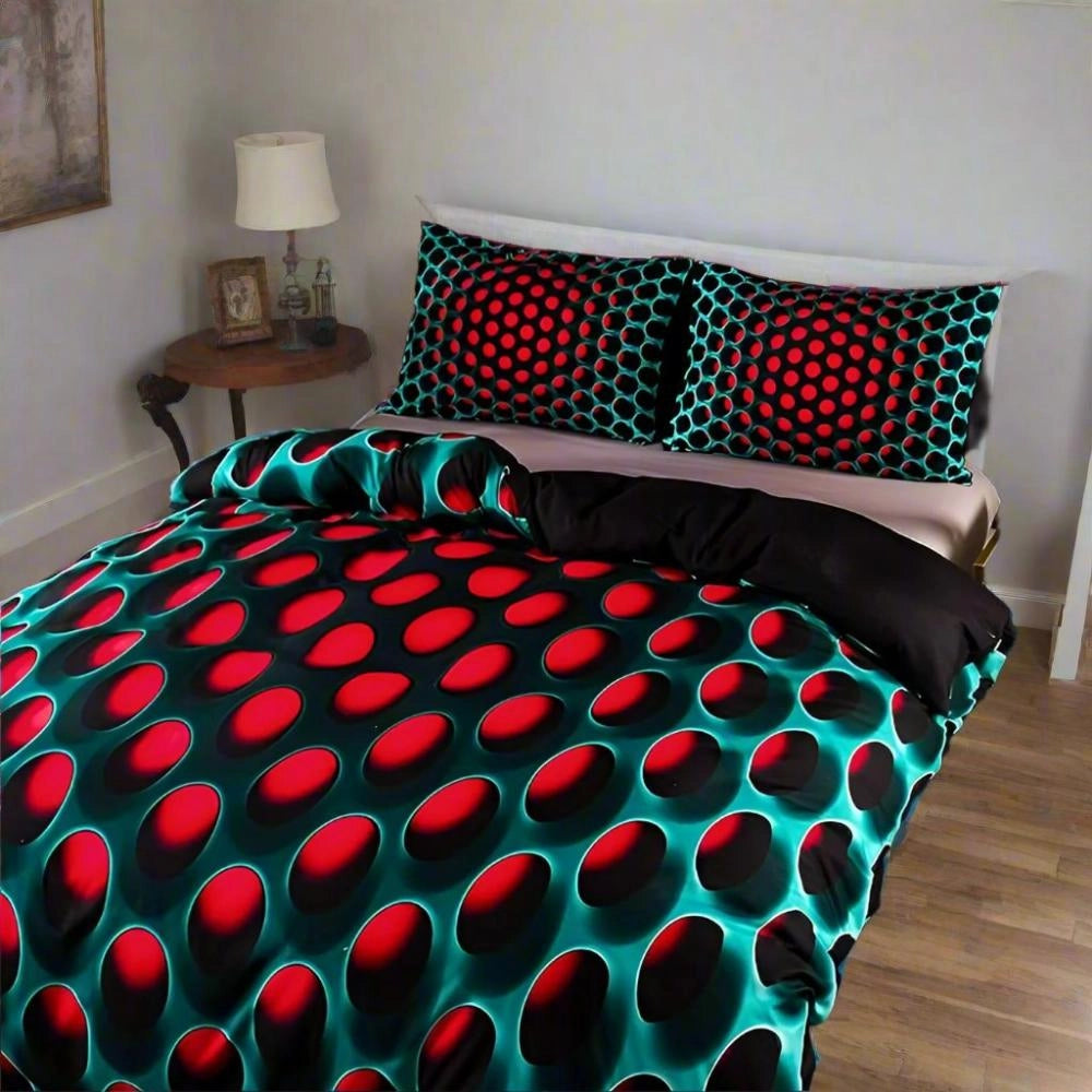 Red and black polka dot bedding set displayed in a modern bedroom setting, consisting of a quilt cover and two pillowcases.