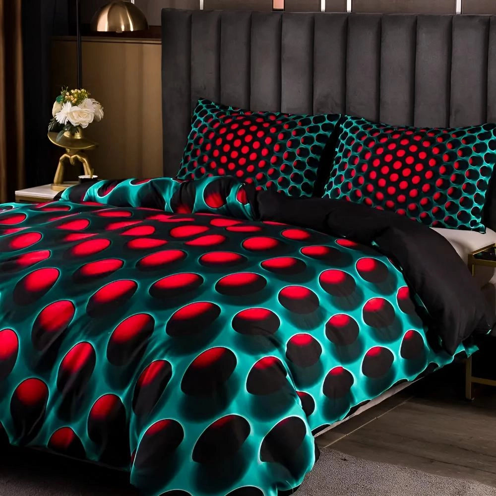 Modern bedroom featuring a Polka Dot Red Black Bedding Set with a 3-piece quilt cover on a neatly made bed. The room is decorated with contemporary furniture and lighting, emphasizing comfort and style.