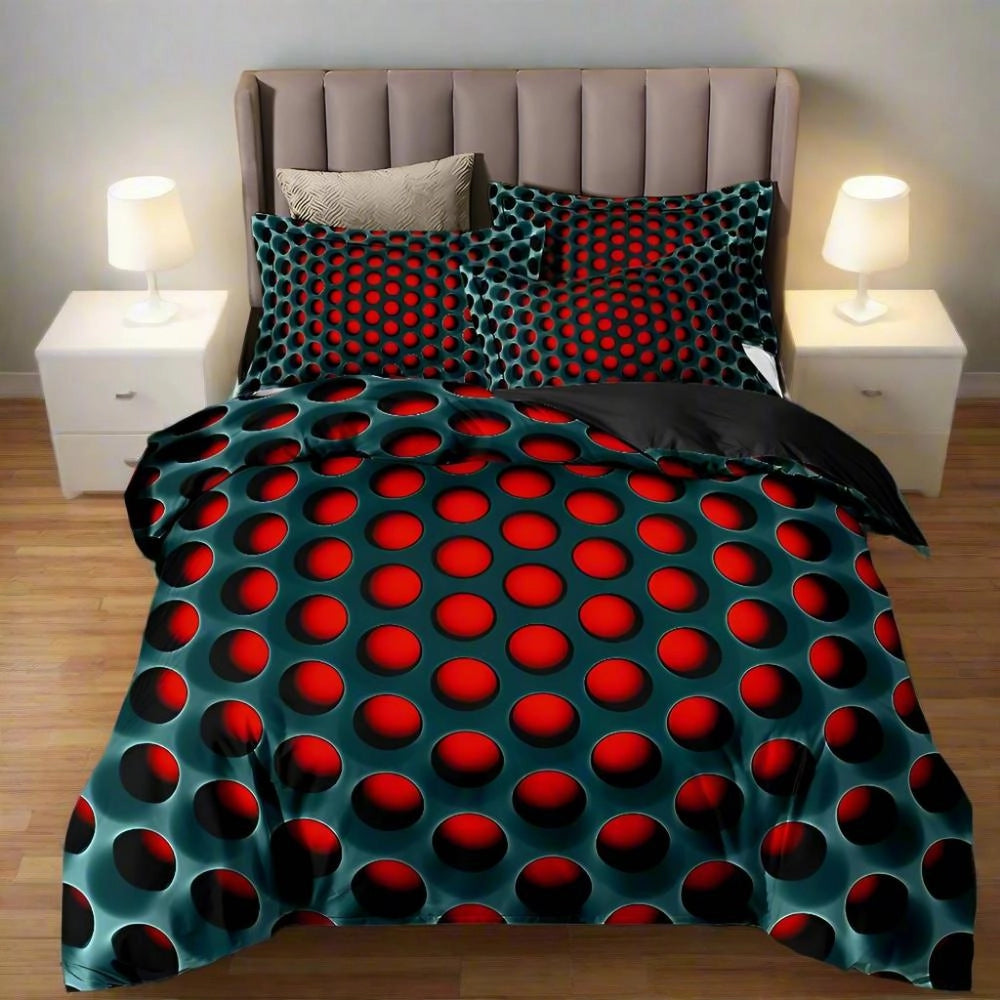Red and black polka dot bedding set on a bed, featuring a modern design with a quilt cover, displayed in a well-lit bedroom with wooden flooring.