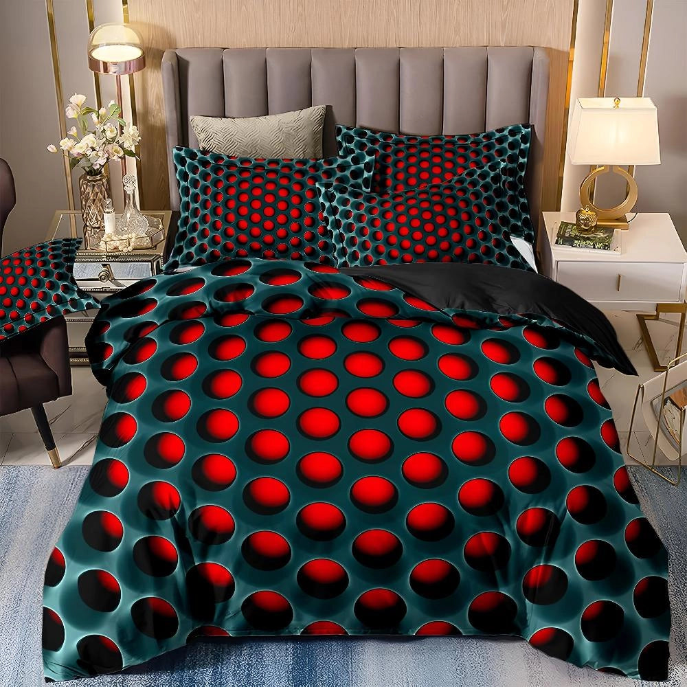 Red and black polka dot bedding set displayed on a modern bed in a decorated bedroom.