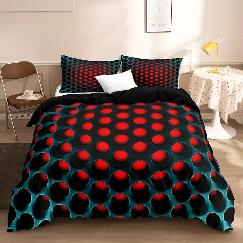 Red and black polka dot bedding set consisting of a modern 3-piece quilt cover, displayed in a neatly arranged and well-lit interior setting.