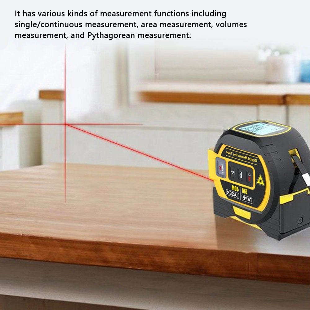 Portable USB Laser Distance Meter placed on a wooden table with a stained and varnished finish.