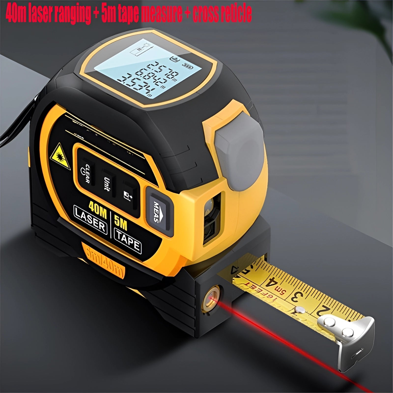 A portable USB laser distance meter with a high-precision digital tool, displayed against the background of a vehicle's exterior featuring elements like the hood, bumper, and tire.