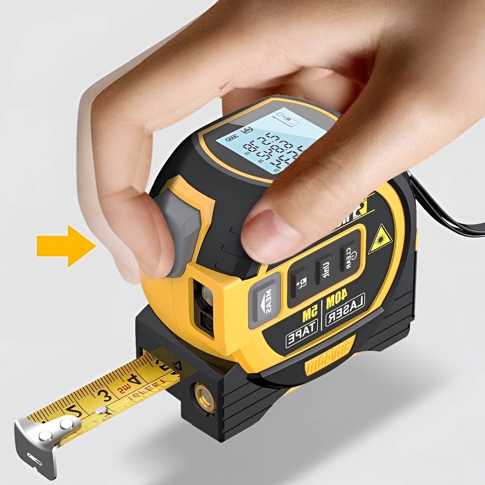 A person using a portable USB laser distance meter near a vehicle, focusing on measuring precise distances with the digital tool.