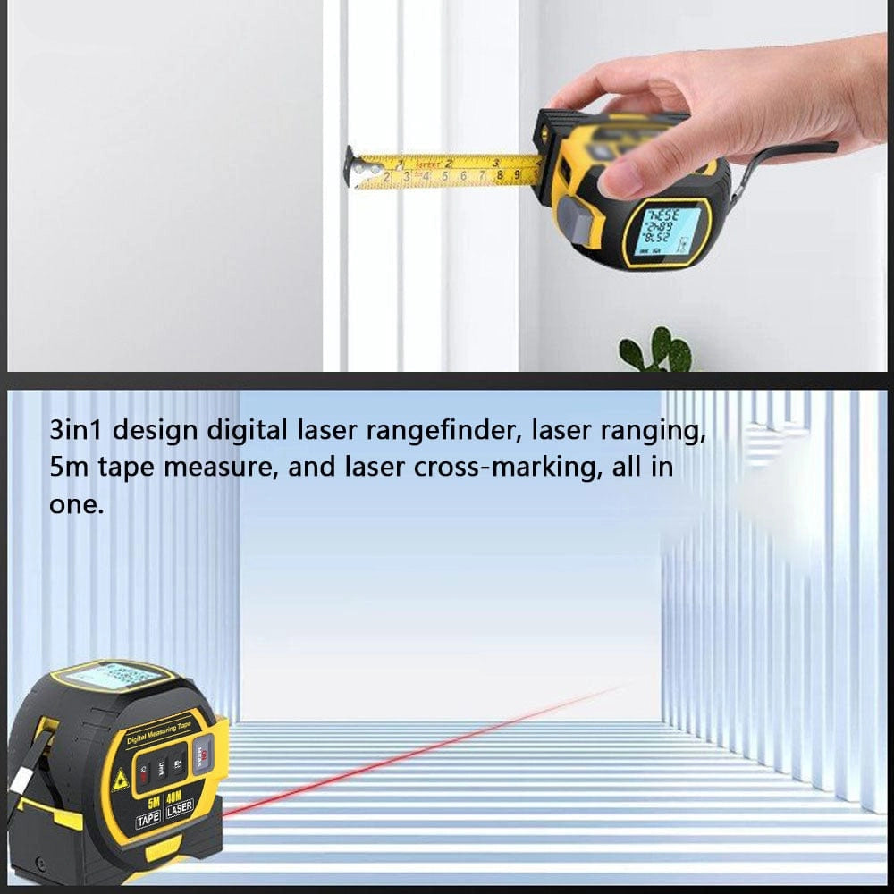 A high-precision portable USB laser distance meter with a digital display, featuring a sleek rectangular design and intuitive controls for accurate measurements, commonly used in engineering and construction settings.