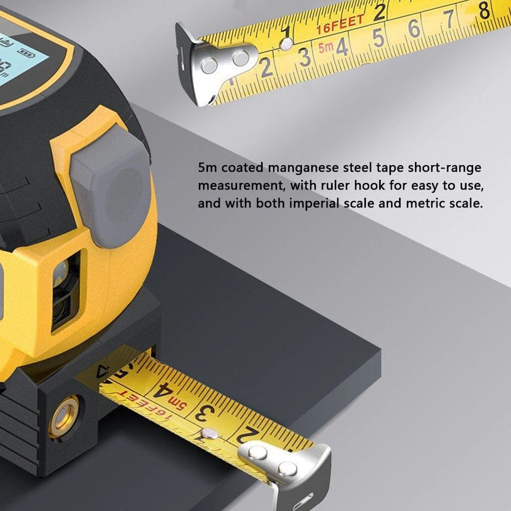 Yellow portable USB laser distance meter placed on the hood of a vehicle, with automotive tires visible in the background.