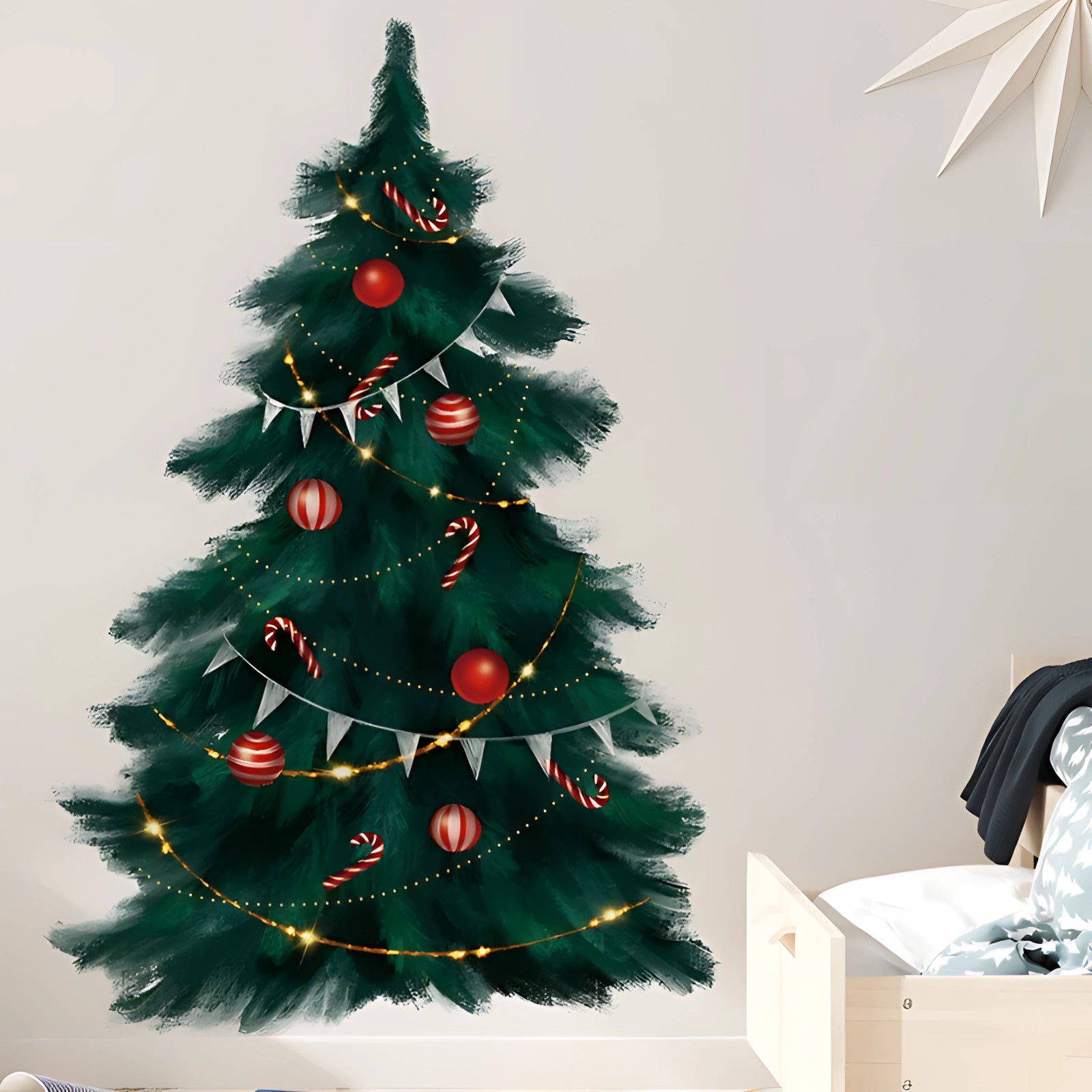 Pre-lit artificial Christmas tree with realistic branches and festive lighting, adorned with ornaments, perfect for eco-friendly holiday decor in interior settings.