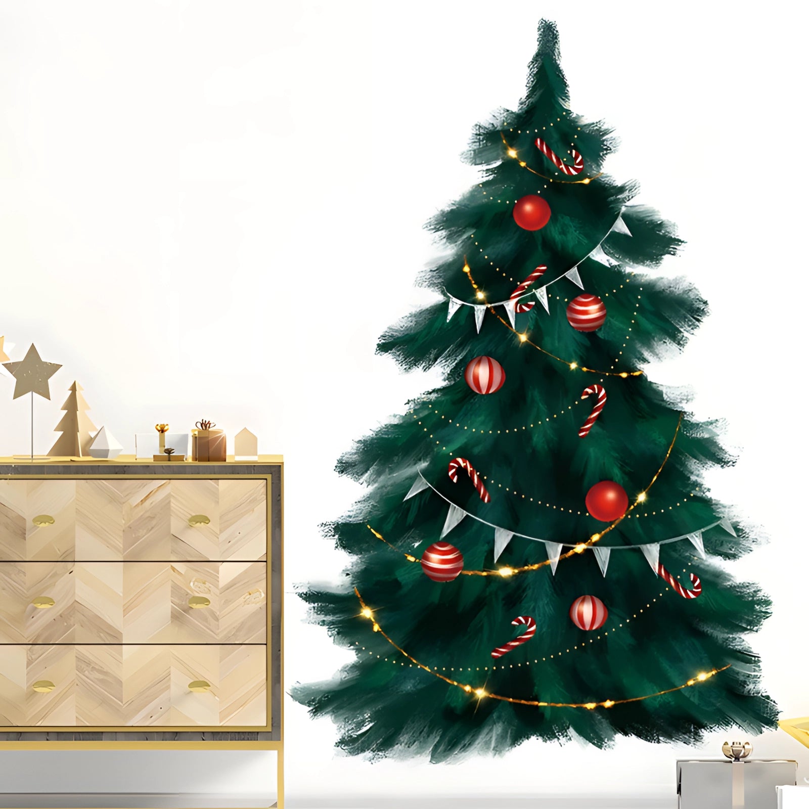 Pre-lit artificial Christmas tree with realistic branches and eco-friendly materials, adorned with holiday ornaments, perfect for festive home decoration.