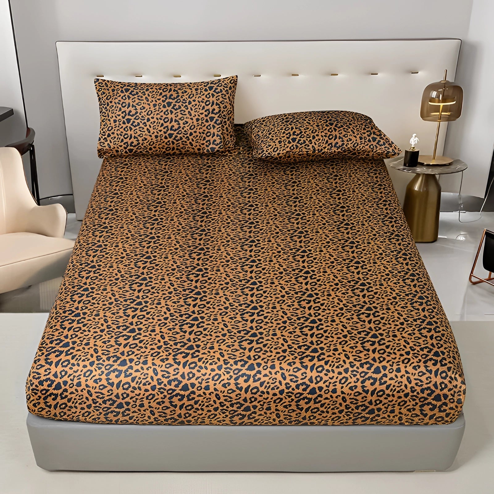 Queen size duvet cover set featuring a modern botanical floral pattern in blue, styled on a rectangular bed frame within a stylishly furnished bedroom interior.