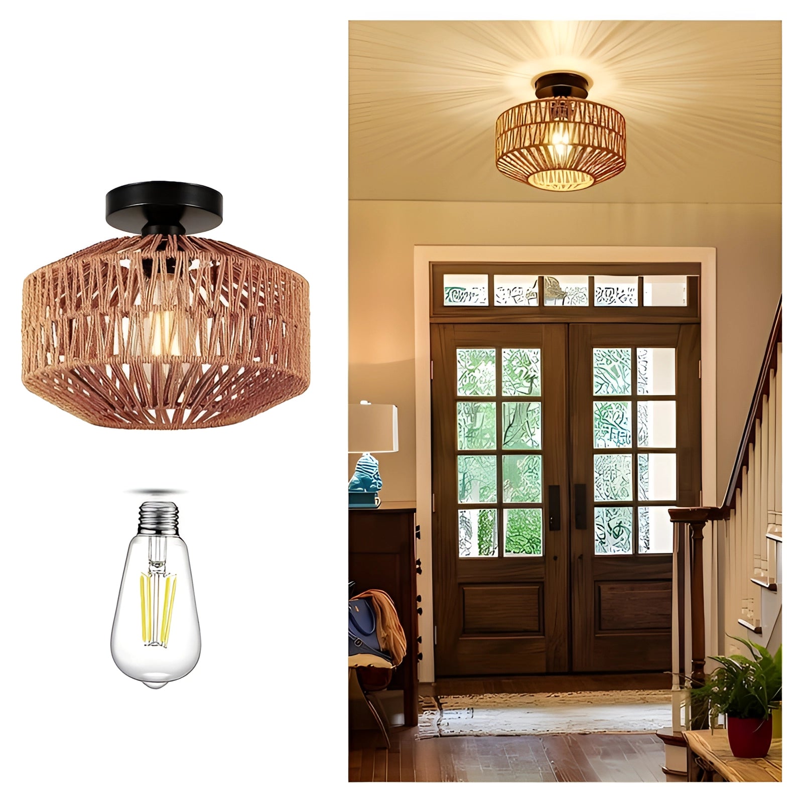 Rattan Bohemian flush mount light fixture installed on a ceiling, featuring eco-friendly rattan material with natural wood accents, illuminating a room with a window and door in the background.