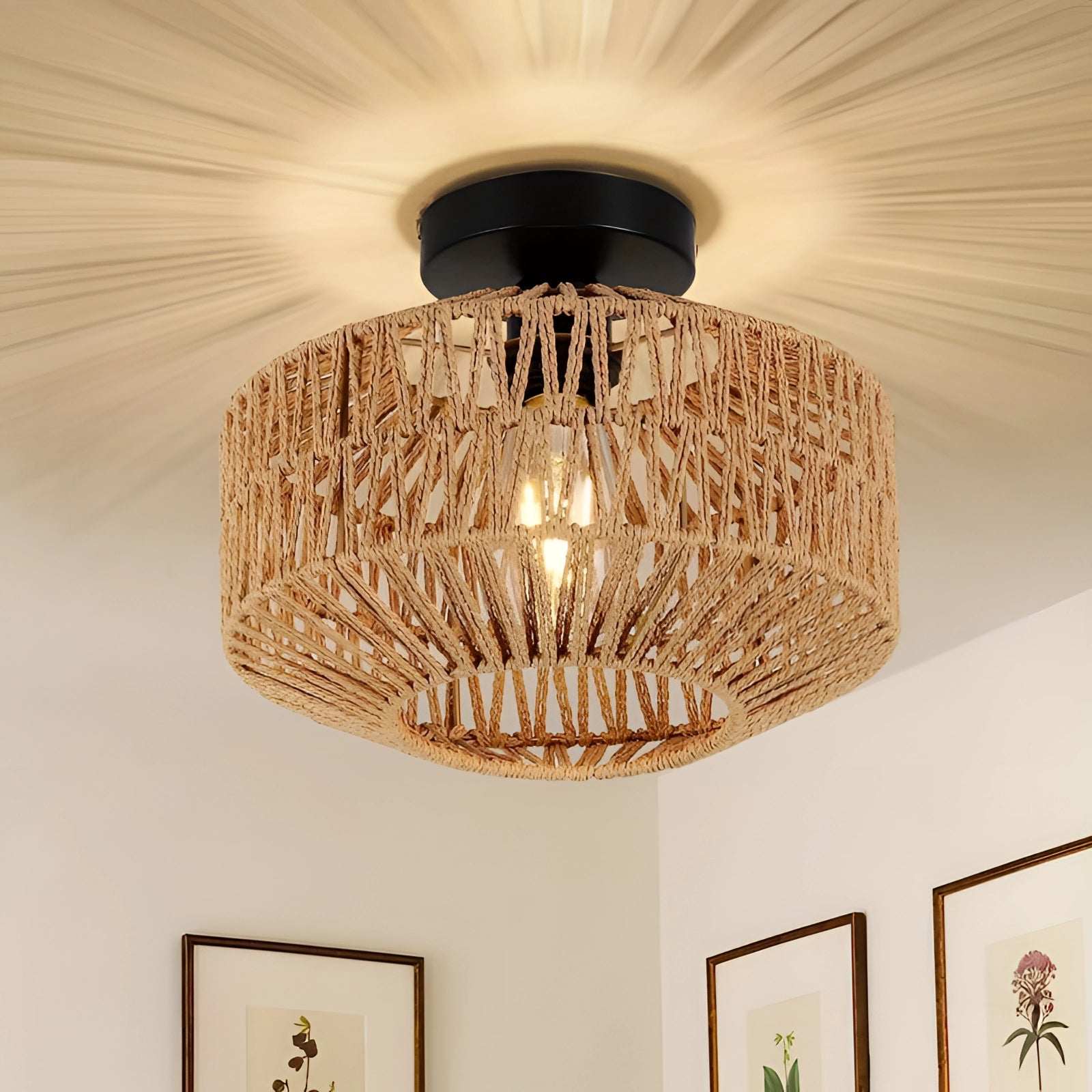 Rattan Bohemian Flush Mount Light with eco-friendly design, featuring a woven rattan shade, mounted on a ceiling, surrounded by wooden elements and decorative plants.