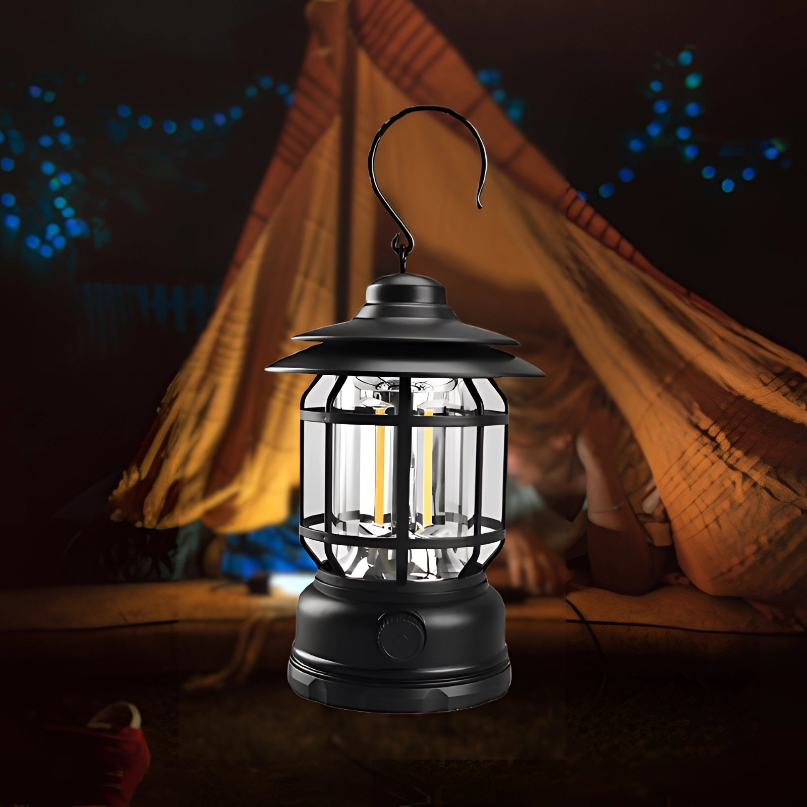 Rechargeable black LED camping lantern, portable and weather-resistant, providing bright illumination in dark outdoor settings.