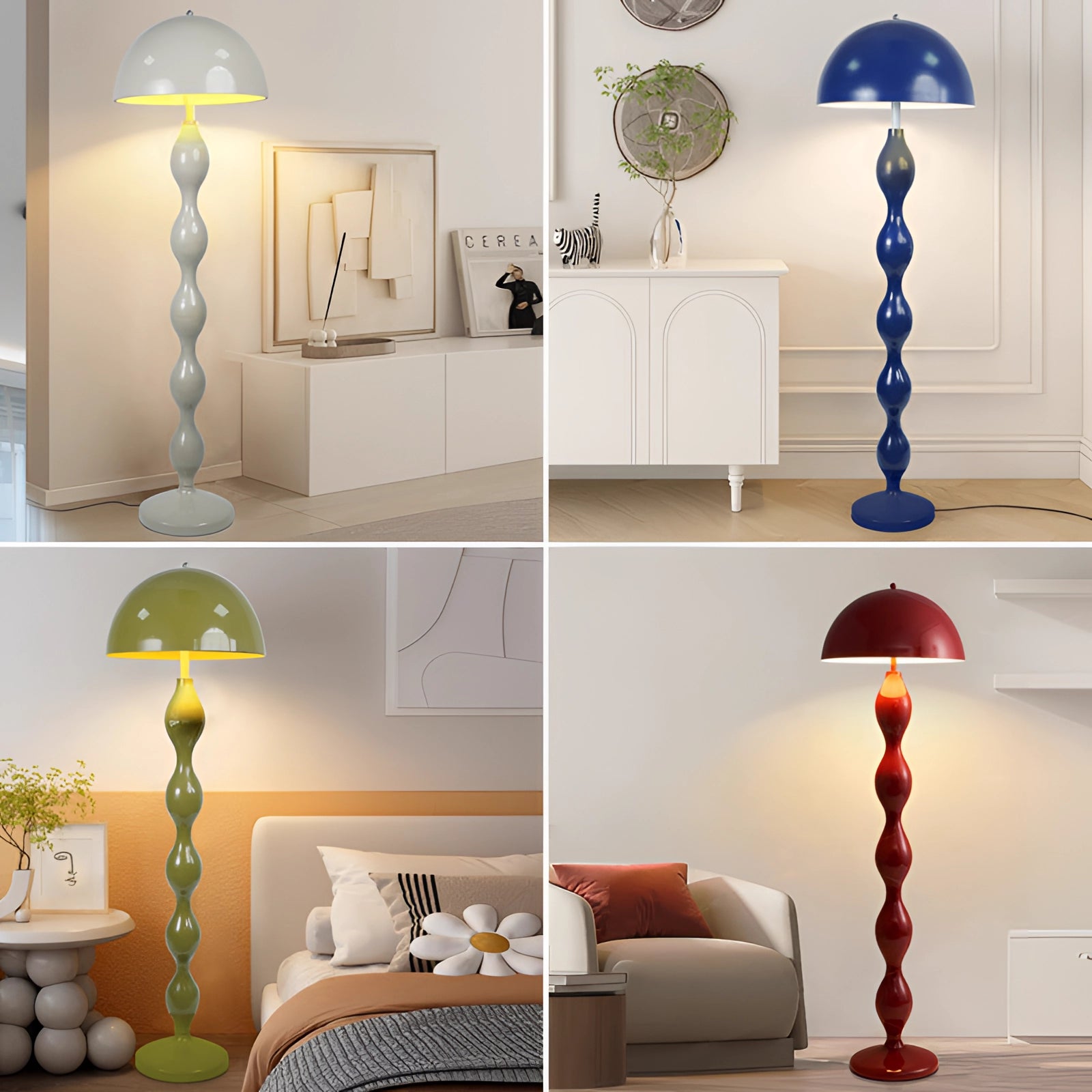 A modern red floor lamp with a wavy design, featuring contemporary sculptural elements, positioned in a stylish interior setting.