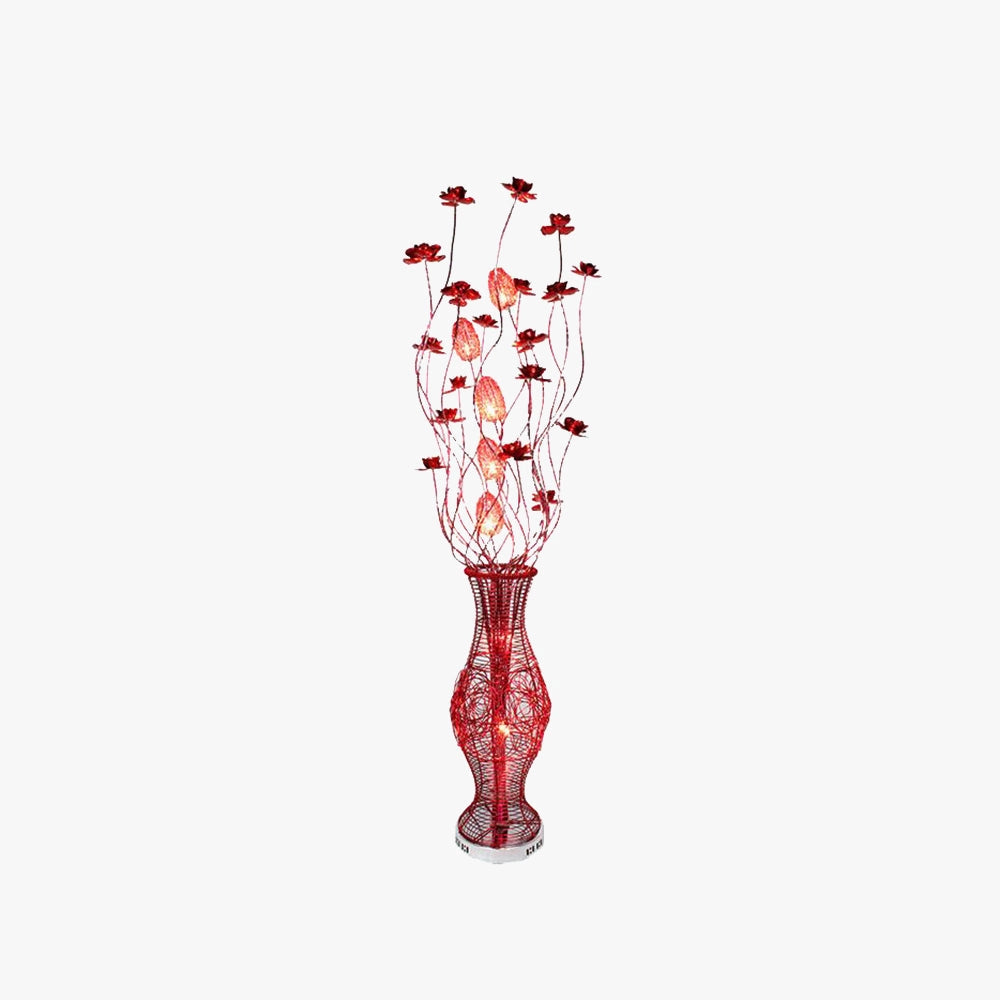 Modern red wire vase with a symmetrical design, resembling a floral sculpture, suitable for living room decor.