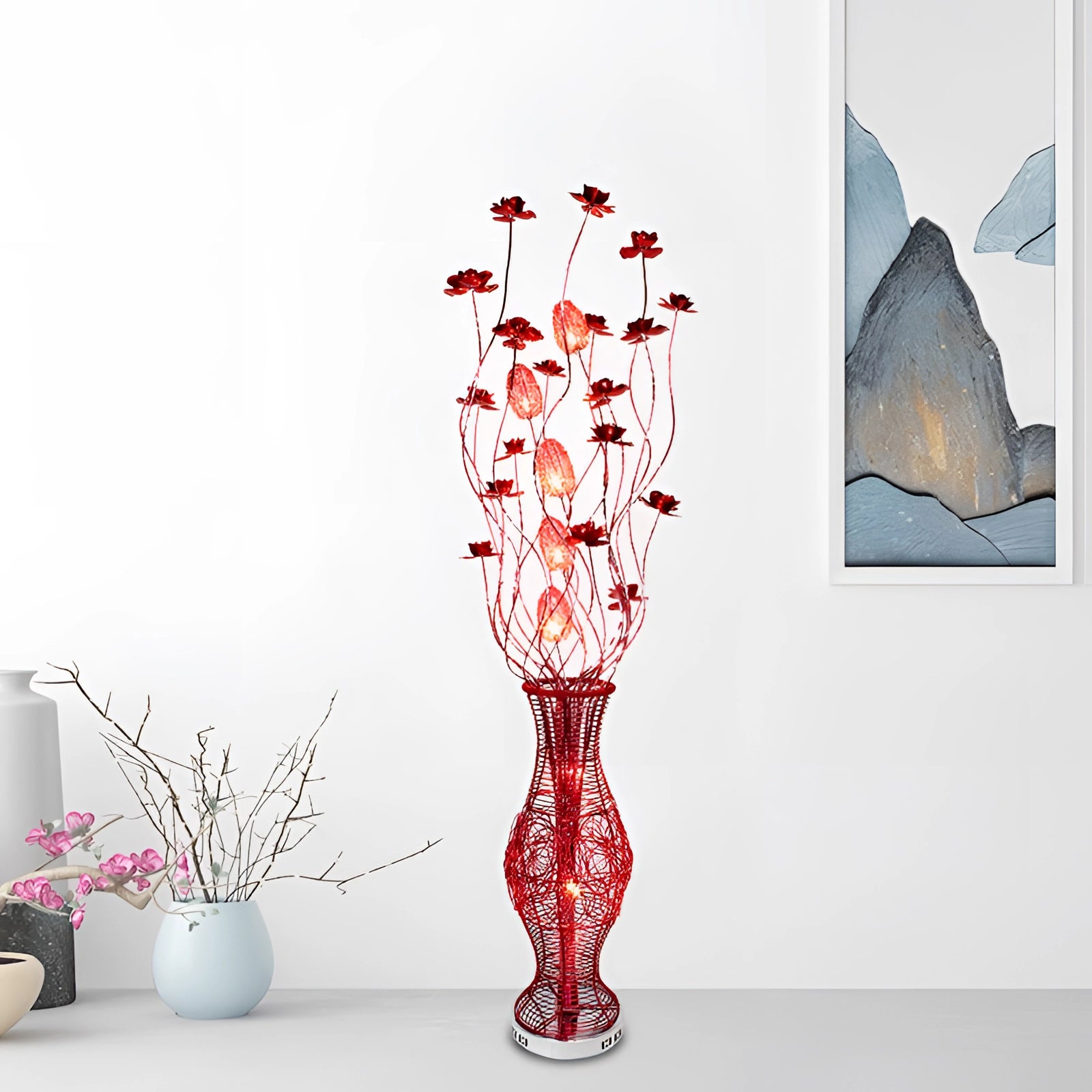 Red wire vase standing 59 inches tall, designed as a modern floral wire sculpture featuring branching twig-like structures, suitable for creative arts and living room decor.
