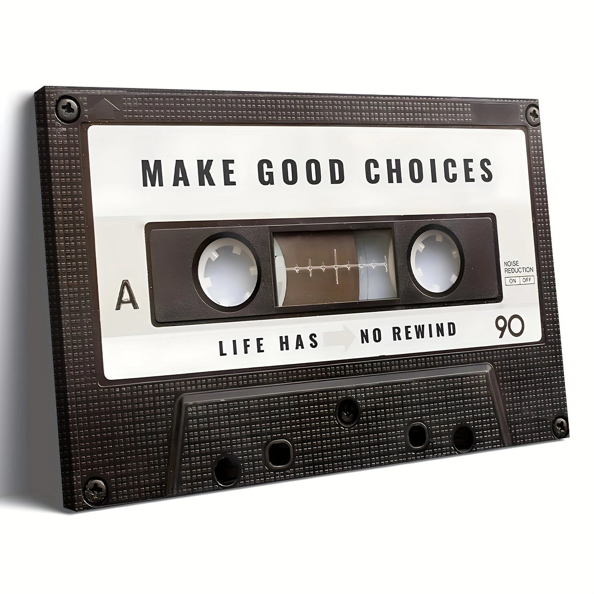Retro-inspired wall art featuring a Braun-colored cassette tape design with the motivational message "Make Good Choices" in bold font, ideal for home decor.