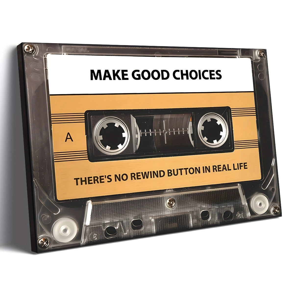 Retro cassette tape wall art in khaki color featuring the motivational phrase "Make Good Choices" with a design that includes compact cassette elements, styled text, and geometric shapes such as rectangles and circles.