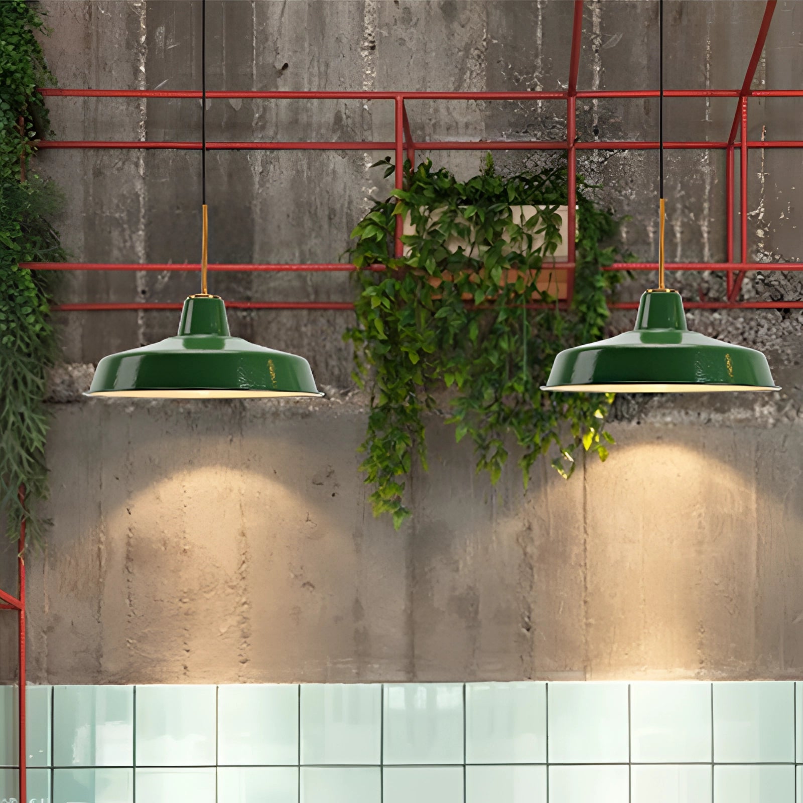 Retro green enamel pendant light with gold trim hanging from a ceiling, casting light onto a room with a large window, showcasing a combination of modern and vintage architectural elements.