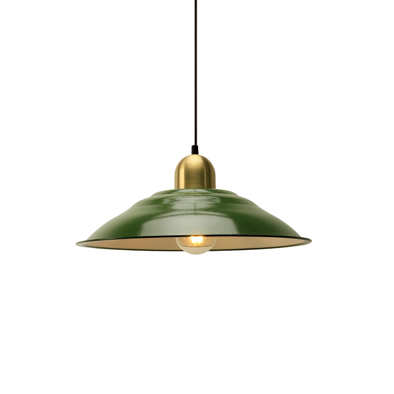 Retro green enamel pendant light with gold trim, featuring a triangular and circular design, hanging from the ceiling. The metal fixture showcases a symmetrical and artistic vintage aesthetic.