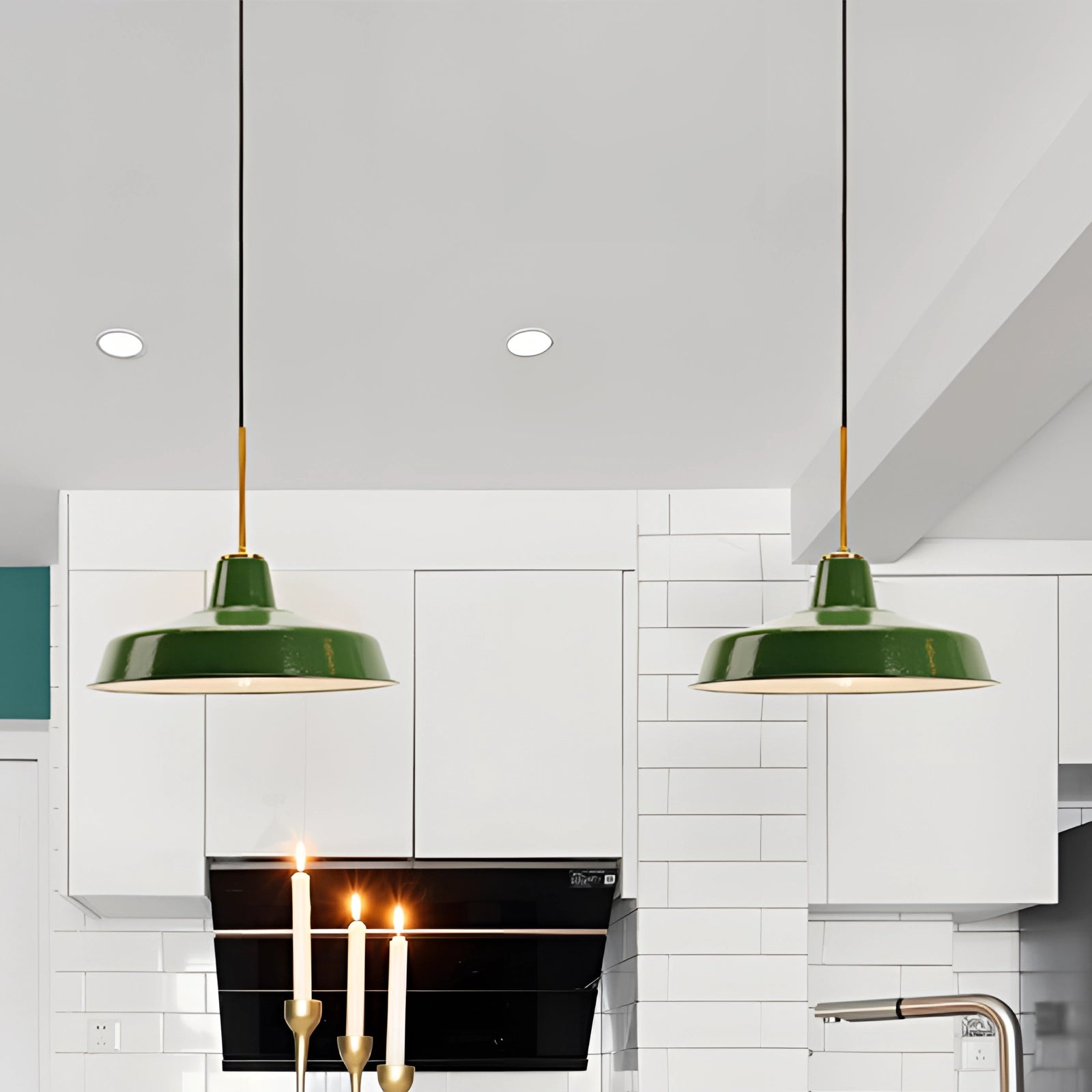 Retro green enamel pendant light with gold trim, designed for ceiling installation, featuring a vintage style and interior design appeal.