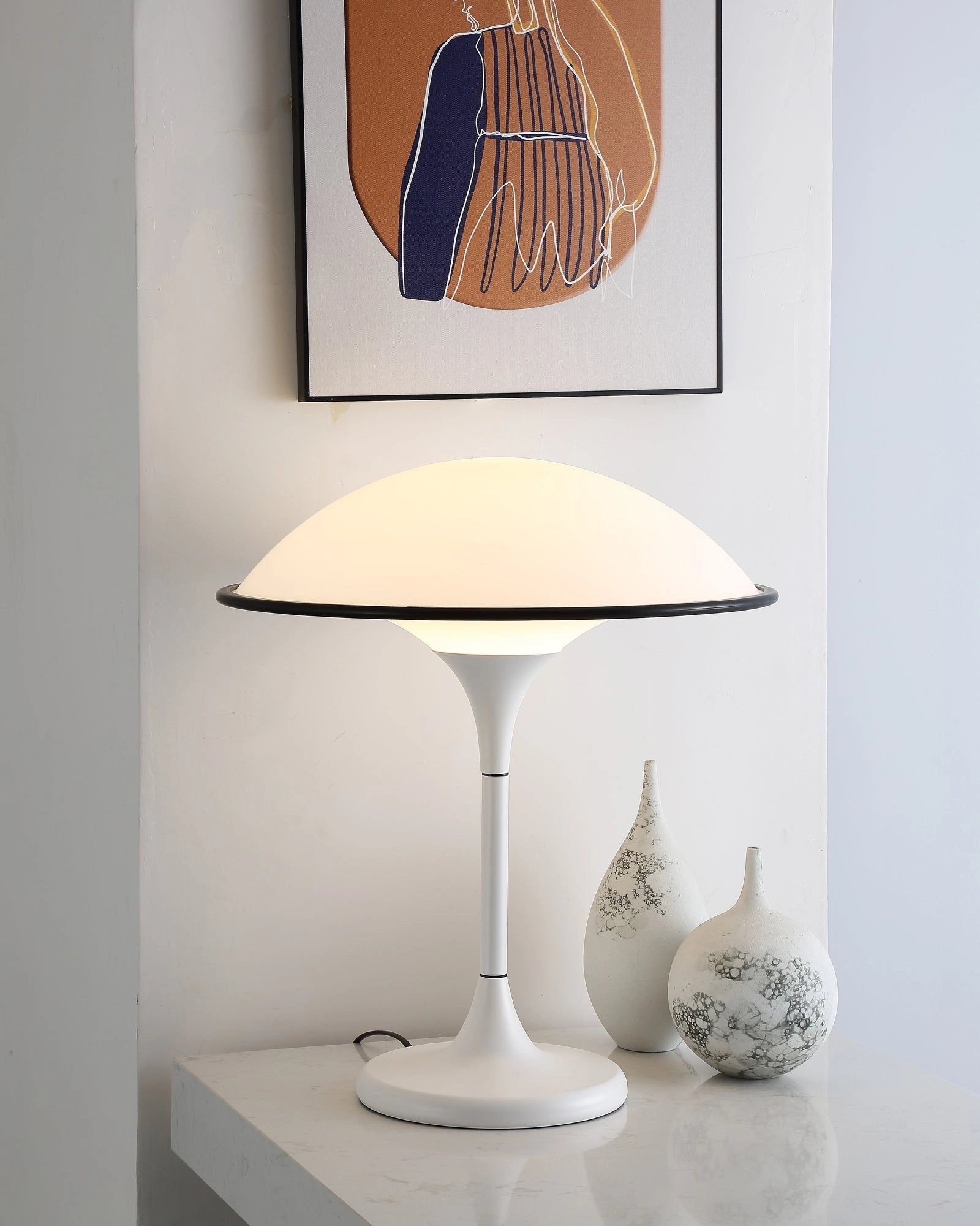 Retro Mushroom Lamp with a white dome lampshade on a wooden base, placed on a wooden table against a white background.