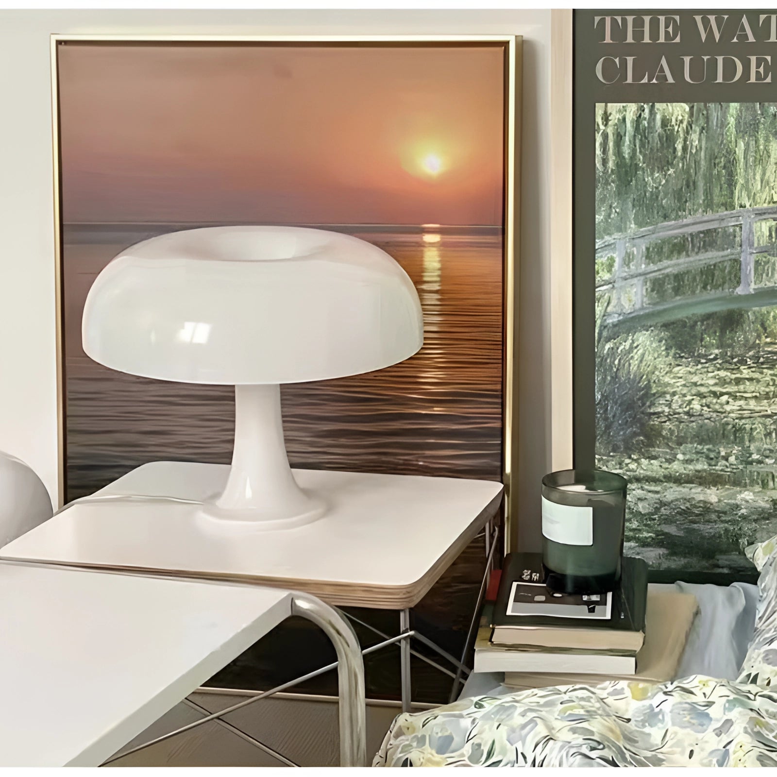 Retro orange mushroom lamp with a mid-century modern design placed on a wooden table in a stylish living room setting, showcasing its unique blend of artistic and architectural elements.