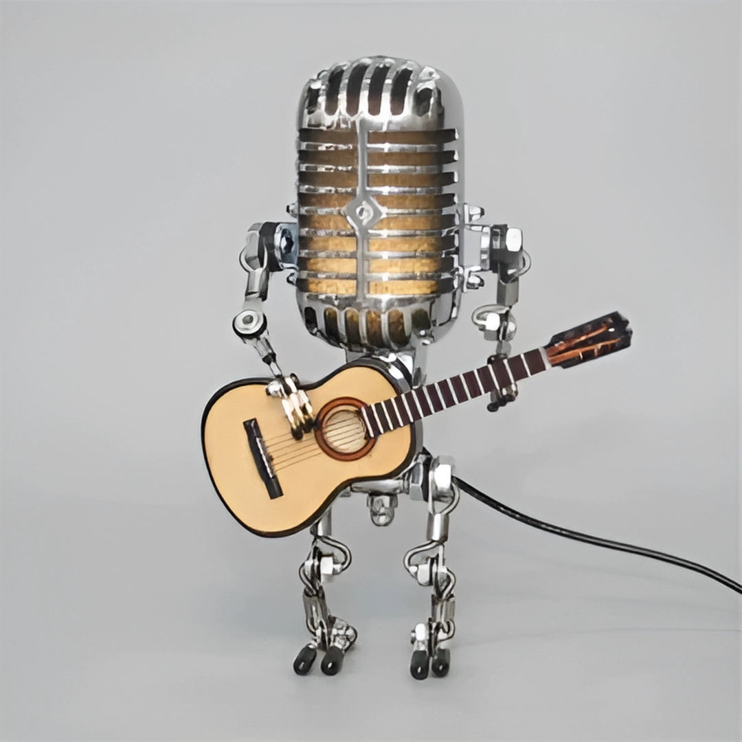 Robot musician figure made of metal, featuring a yellow finish, holding a guitar and microphone.