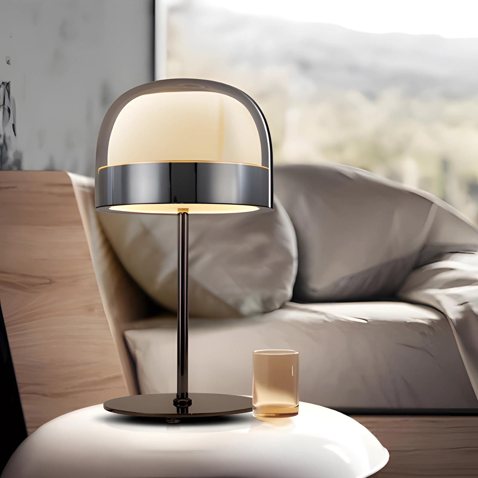Black minimalist desk lamp with a rose gold finish, featuring a modern metal design, ideal for office decor, placed on a wooden surface in an interior setting.