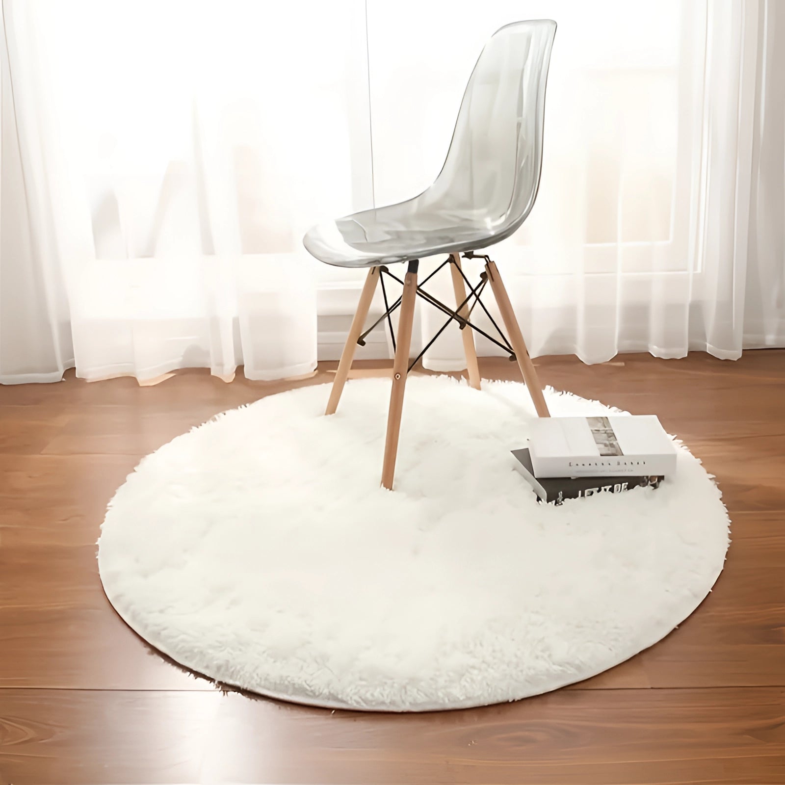 Round white faux fur rug on a hardwood floor, showcasing its plush texture and modern minimalist design, enhancing comfort and style in a living space.