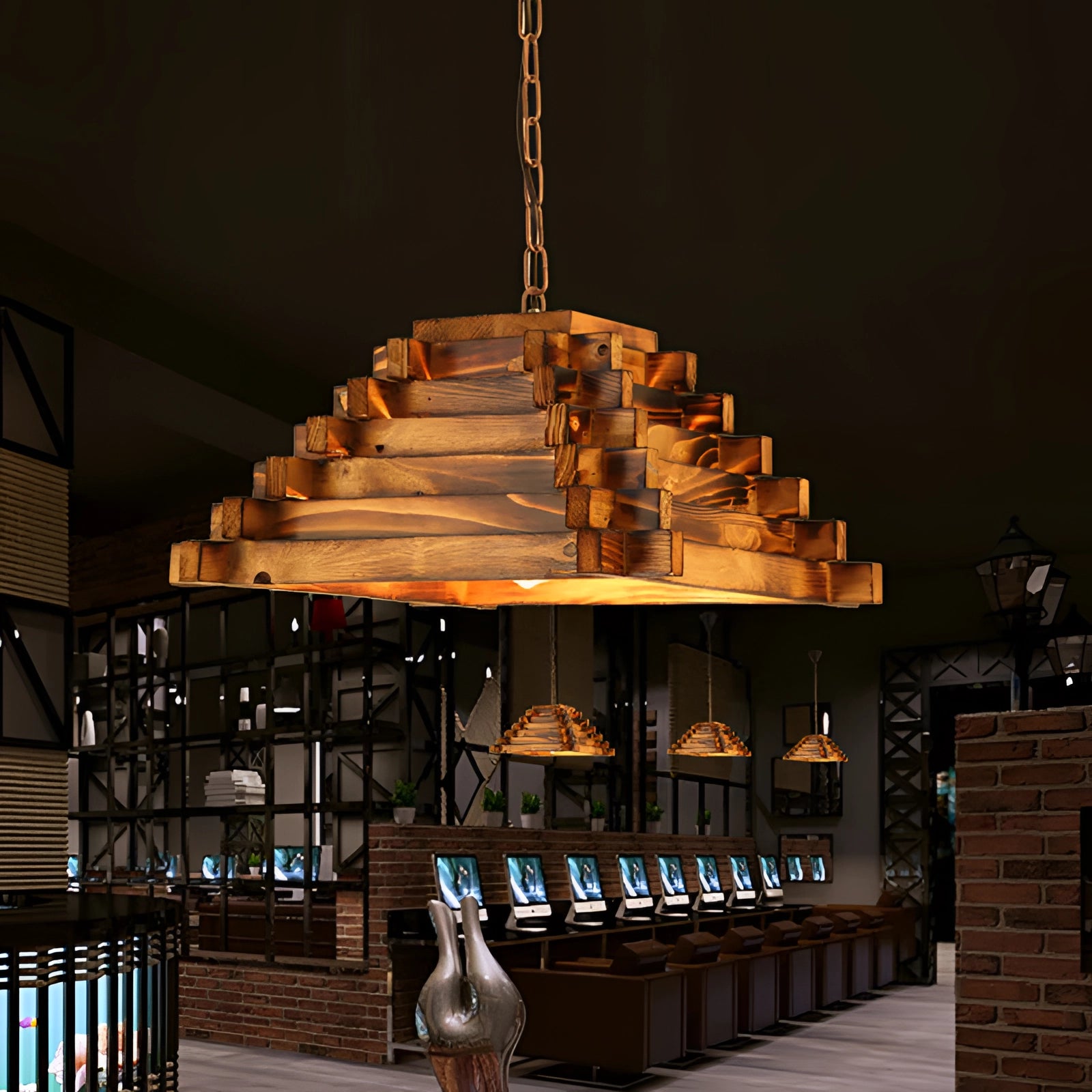 Rustic barrel pendant light with an eco-friendly design, featuring a wooden structure and farmhouse aesthetic, hanging outdoors at night.