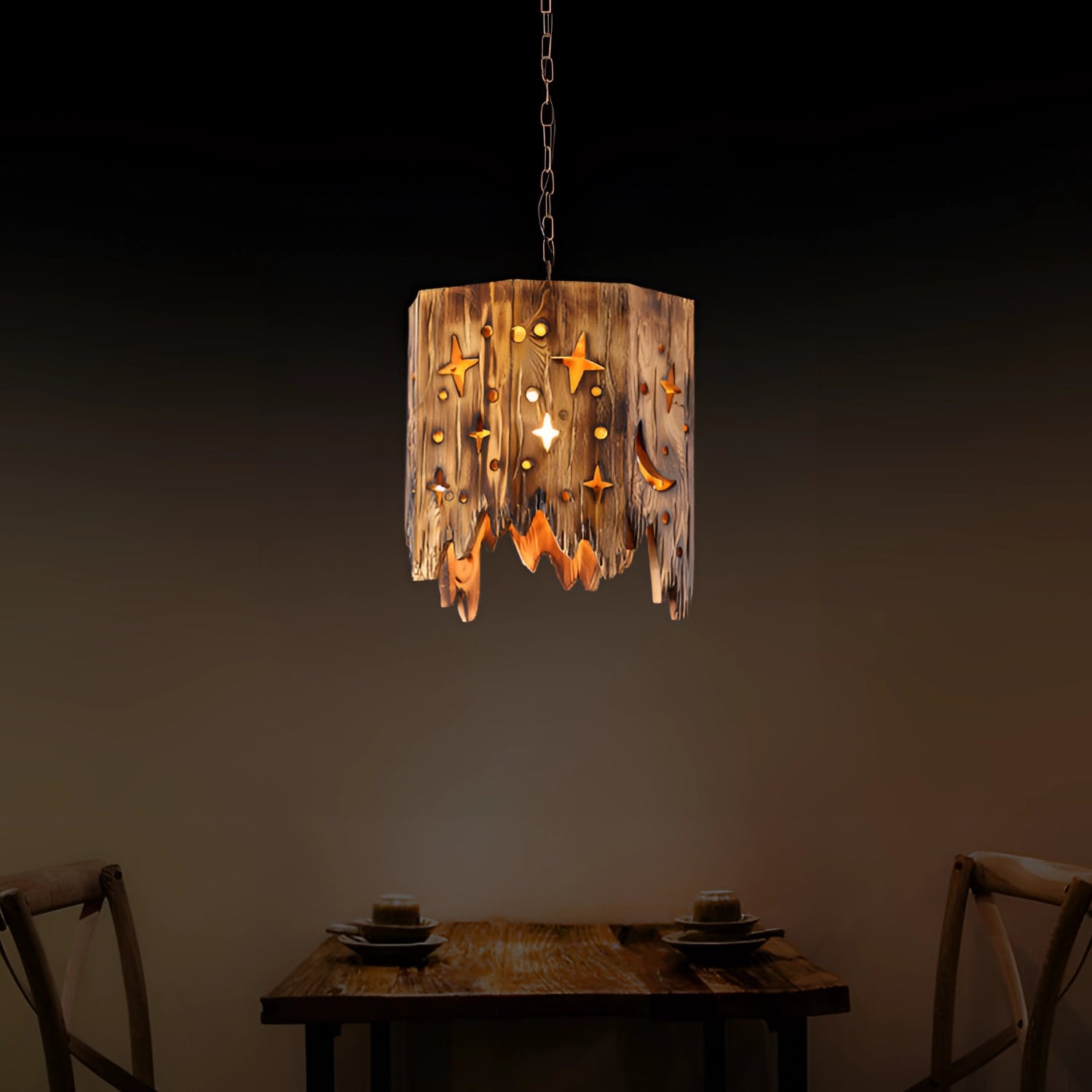 Rustic barrel pendant light with eco-friendly design, featuring a wooden structure and farmhouse style, hanging above a wooden table.