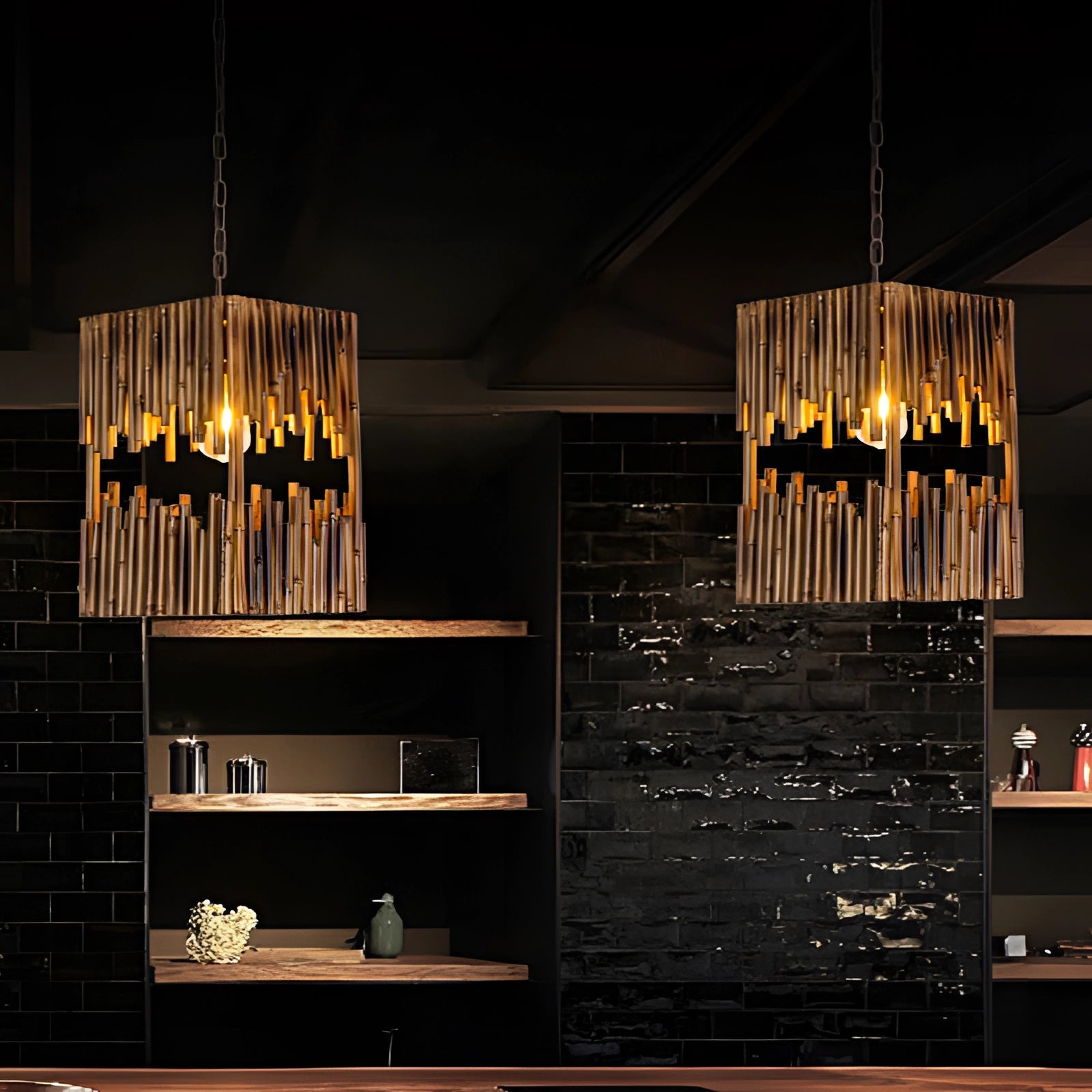 Rustic barrel pendant light with eco-friendly farmhouse design, featuring wooden and glass elements, hanging from the ceiling, providing ambient lighting in an interior space.