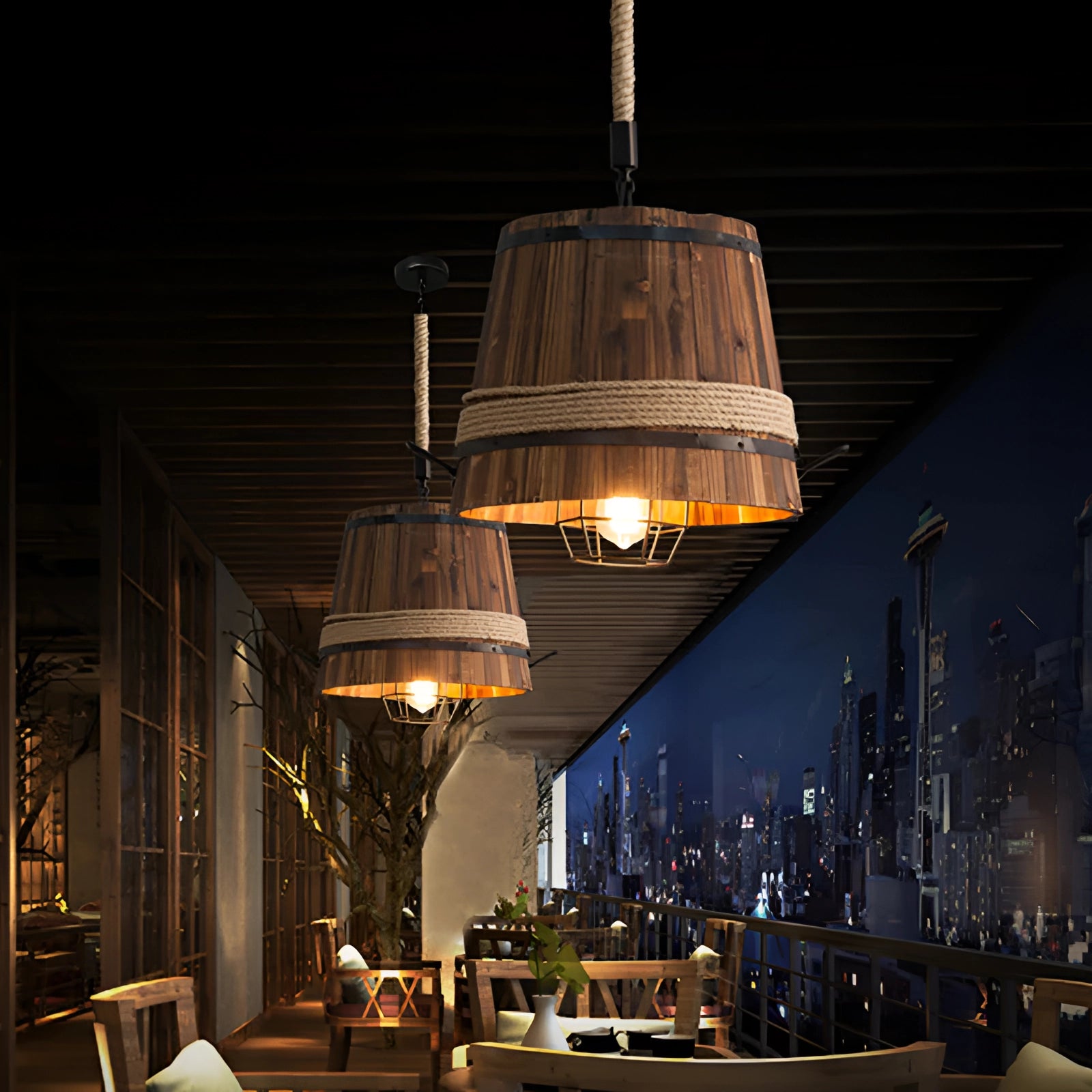 Rustic barrel pendant light hanging from a ceiling, showcasing its eco-friendly farmhouse design with a warm, inviting glow that enhances interior spaces.