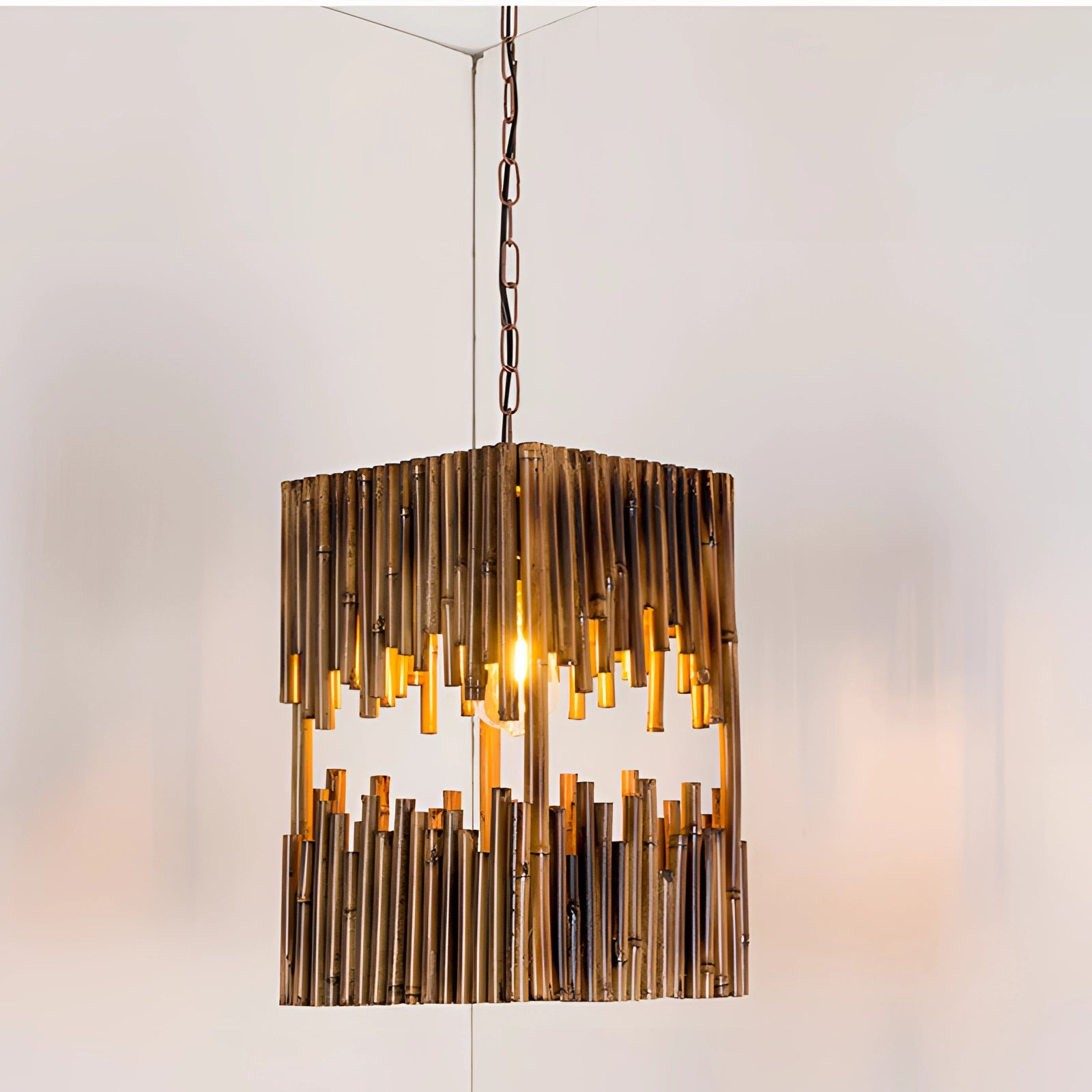 Rustic barrel pendant light with a farmhouse design, featuring a metal frame and a rectangular shape, hanging from the ceiling as a unique eco-friendly lighting fixture.