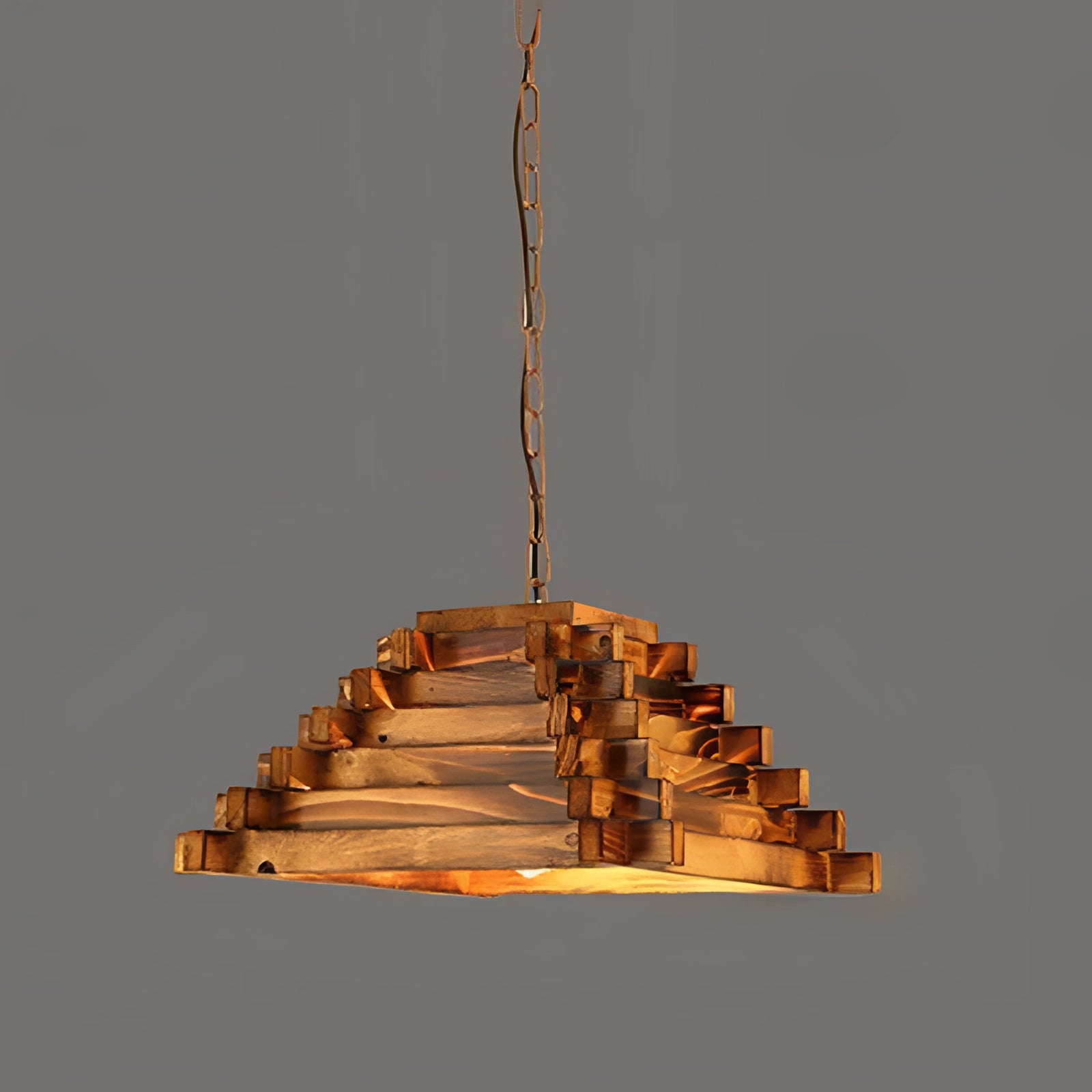 Rustic barrel pendant light made from eco-friendly wood and metal materials, featuring a symmetrical design with a triangular and rectangular shape, suitable for farmhouse decor.