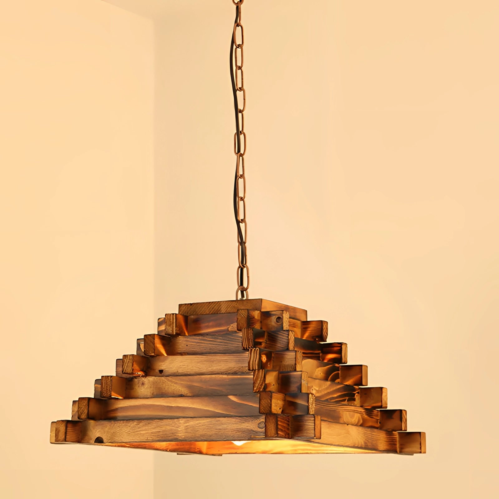 Rustic barrel pendant light with an eco-friendly design, featuring a wooden rectangular frame with twig-like accents, metal elements, and a symmetrical pattern, ideal for farmhouse-style interiors.