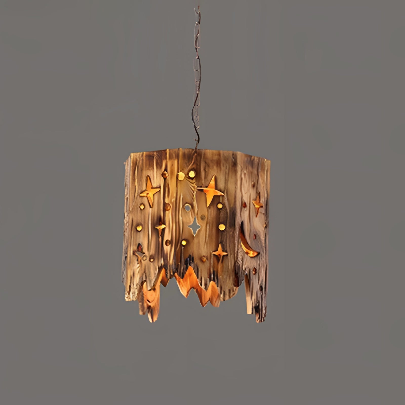 Rustic barrel pendant light with wood accents, designed in an eco-friendly farmhouse style, resembling a chandelier with gold and ornamental details.