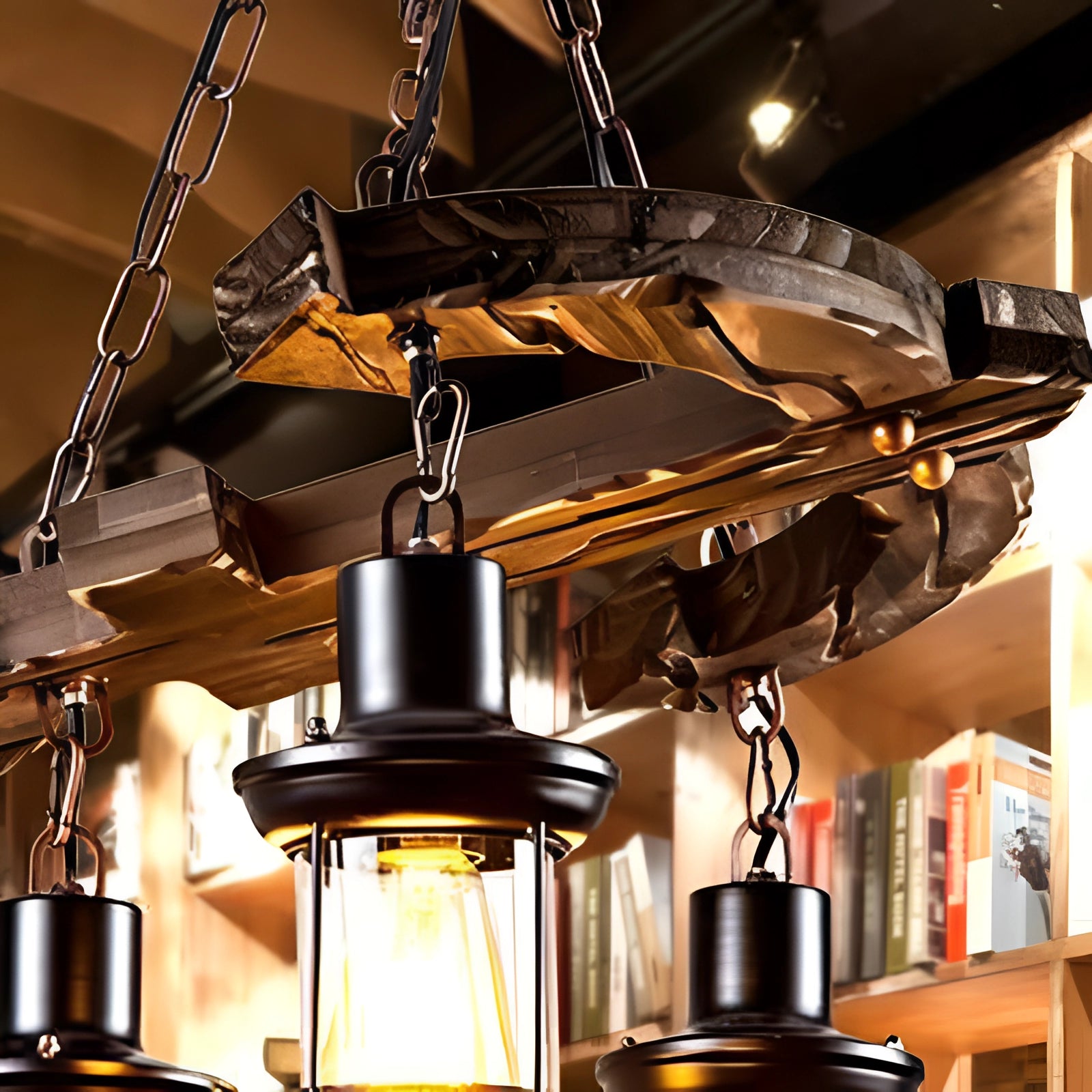 Rustic farmhouse chandelier featuring a wooden beam with industrial pendant lights, showcasing a blend of wood and metal elements, suitable for interior design and ceiling installation.
