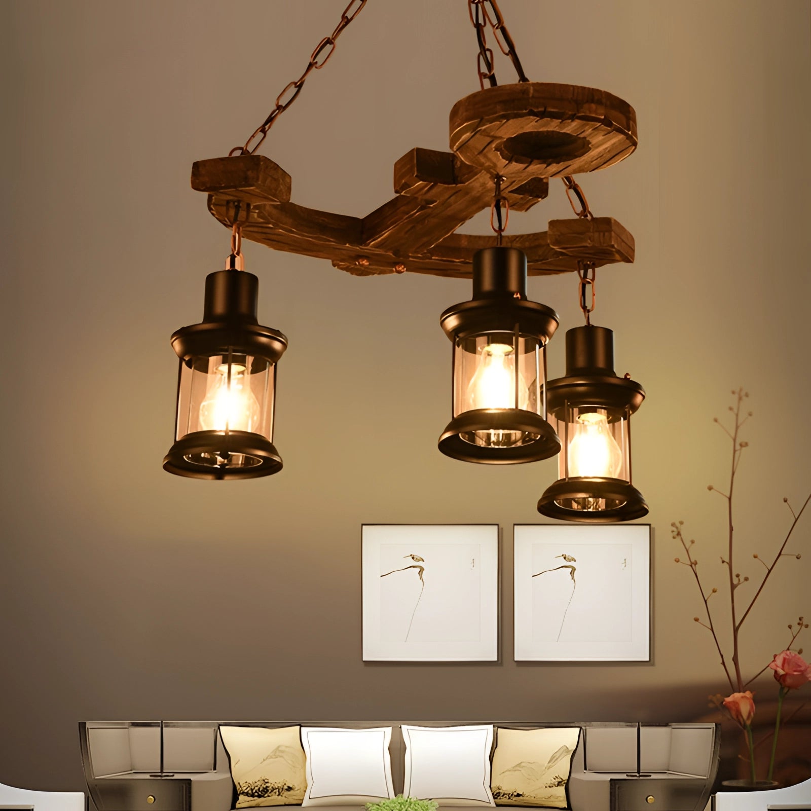 Rustic farmhouse chandelier with wood beam and industrial pendant lights, featuring warm amber and yellow tones, enhancing interior design with elegant lighting.