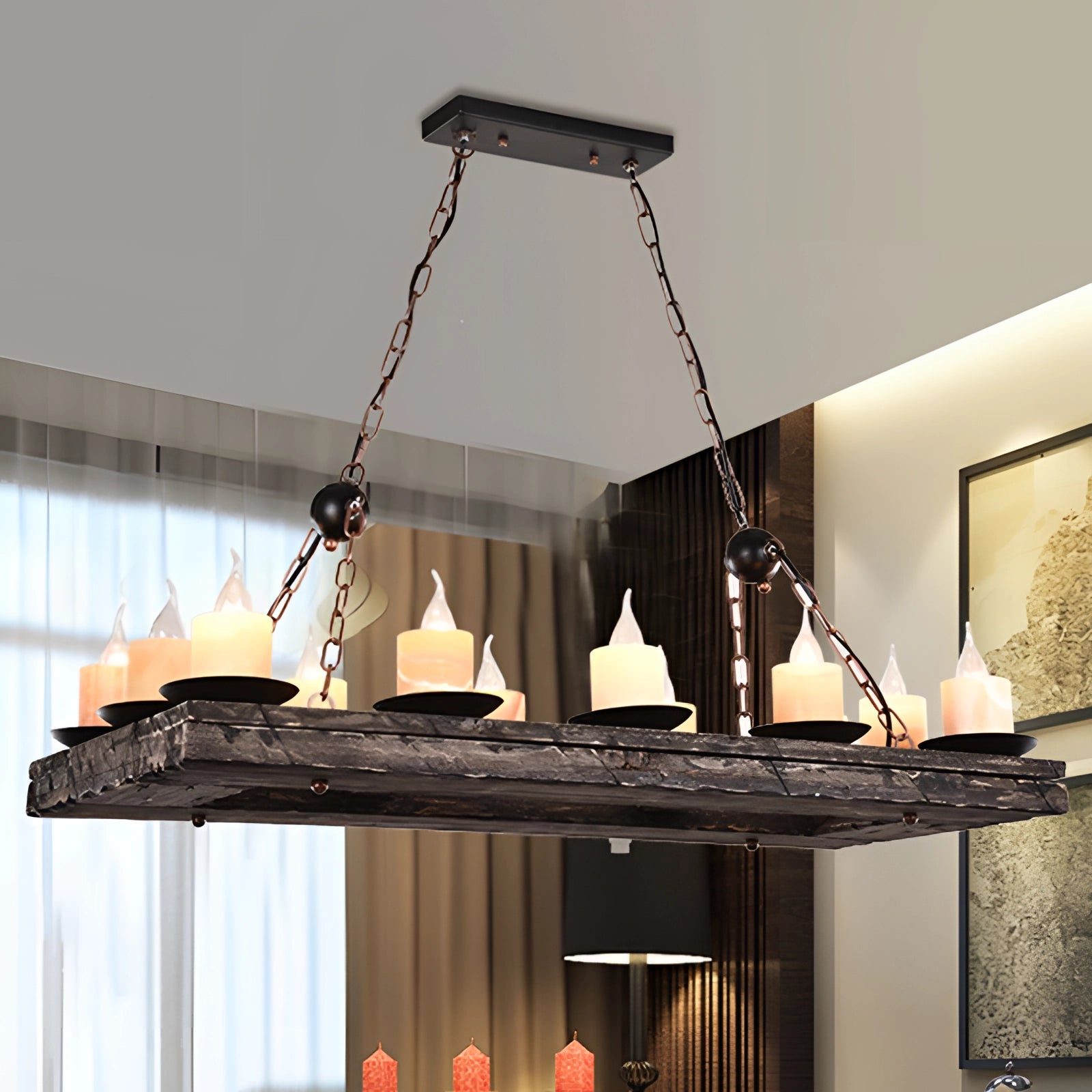 Rustic farmhouse chandelier featuring a wood beam with industrial pendant lights, suitable for enhancing interior design with its rectangular shape and natural wood finish, hanging from the ceiling.