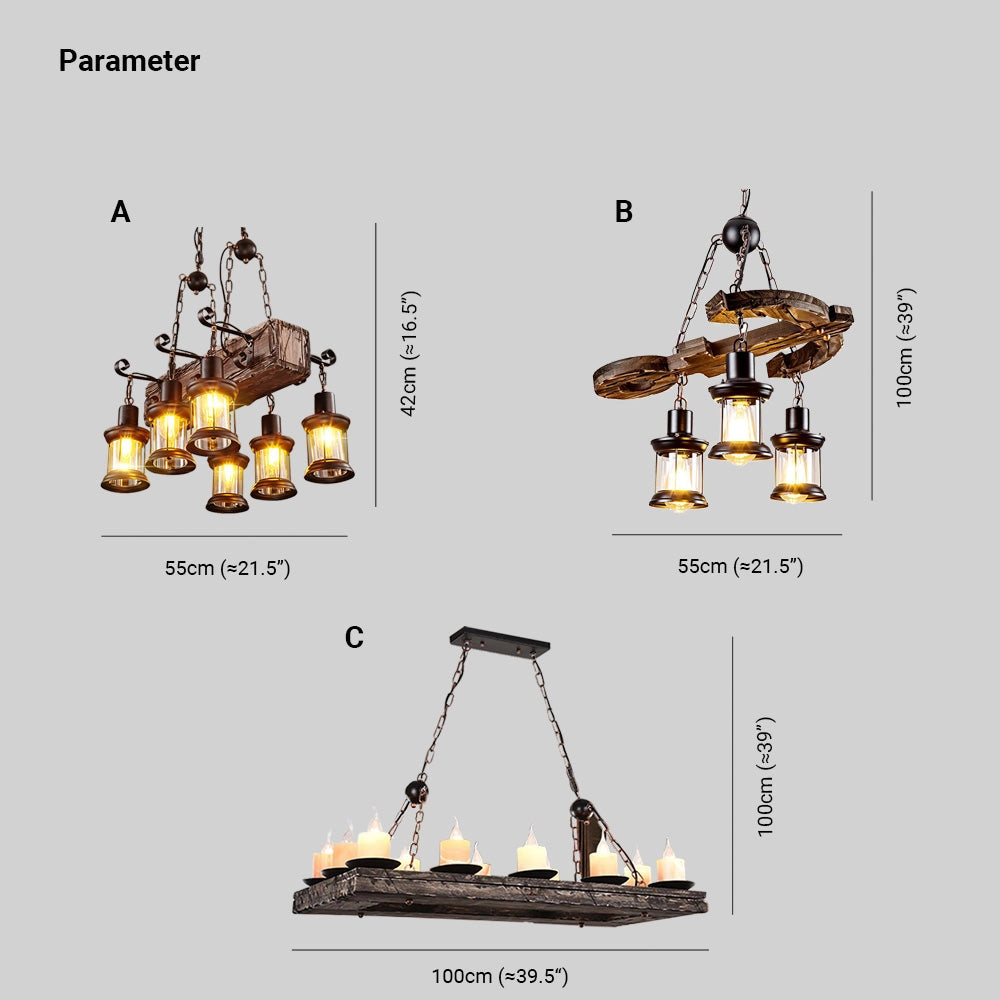 Rustic farmhouse chandelier featuring a wooden beam with industrial pendant lights, showcasing a blend of traditional and modern design elements.