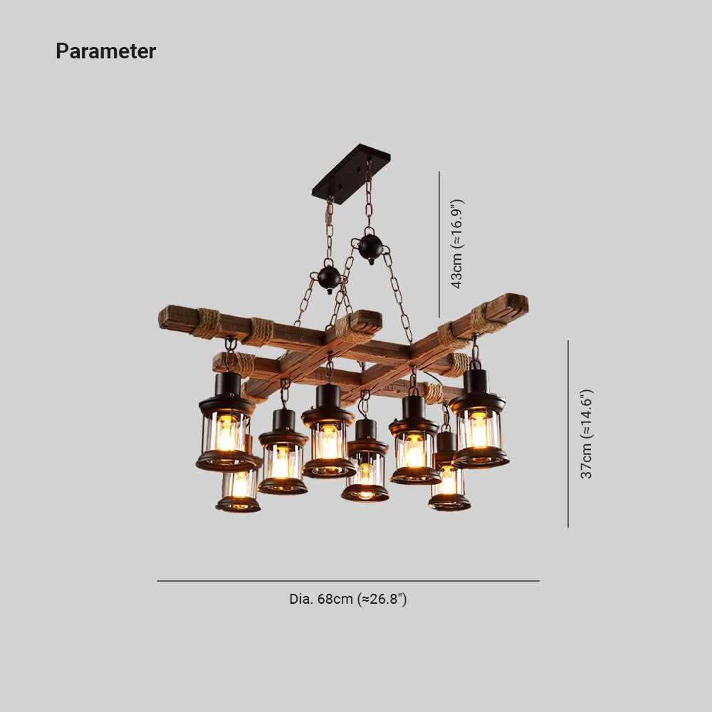 Rustic farmhouse pendant light featuring a vintage lantern design with Edison bulbs, showcasing a blend of wood and metal elements, and suspended from the ceiling as a charming light fixture.
