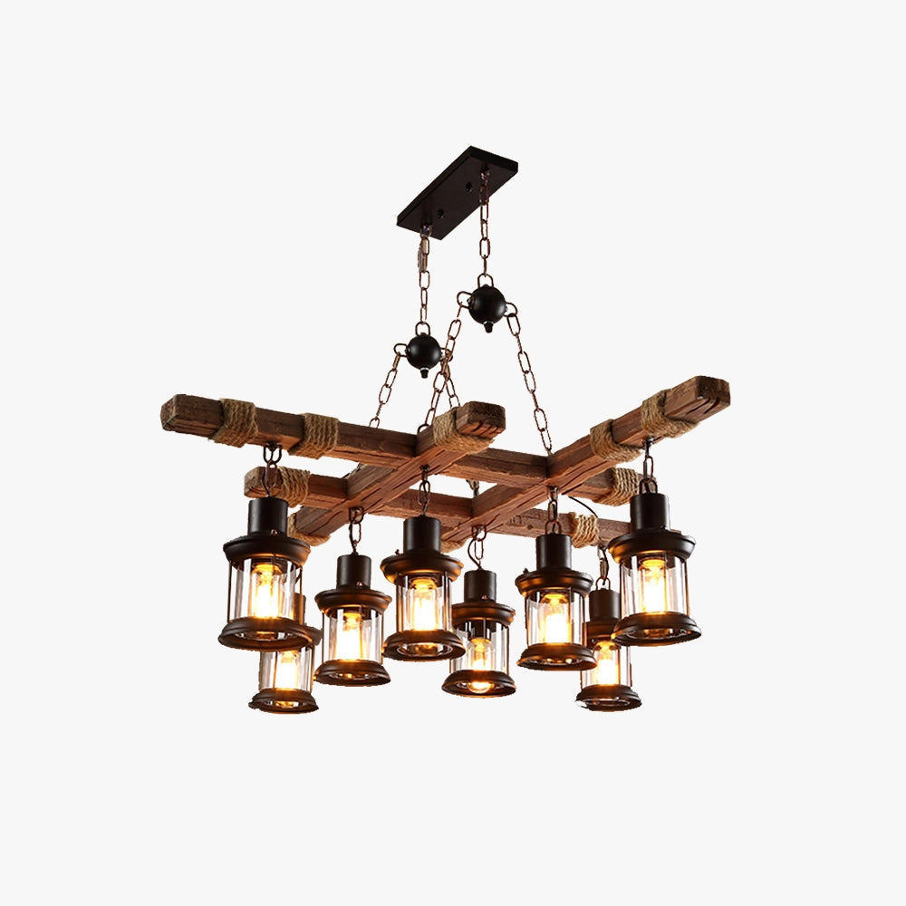Rustic farmhouse pendant light featuring a vintage lantern design with Edison bulbs, crafted from wood and metal, suitable for ceiling installation.