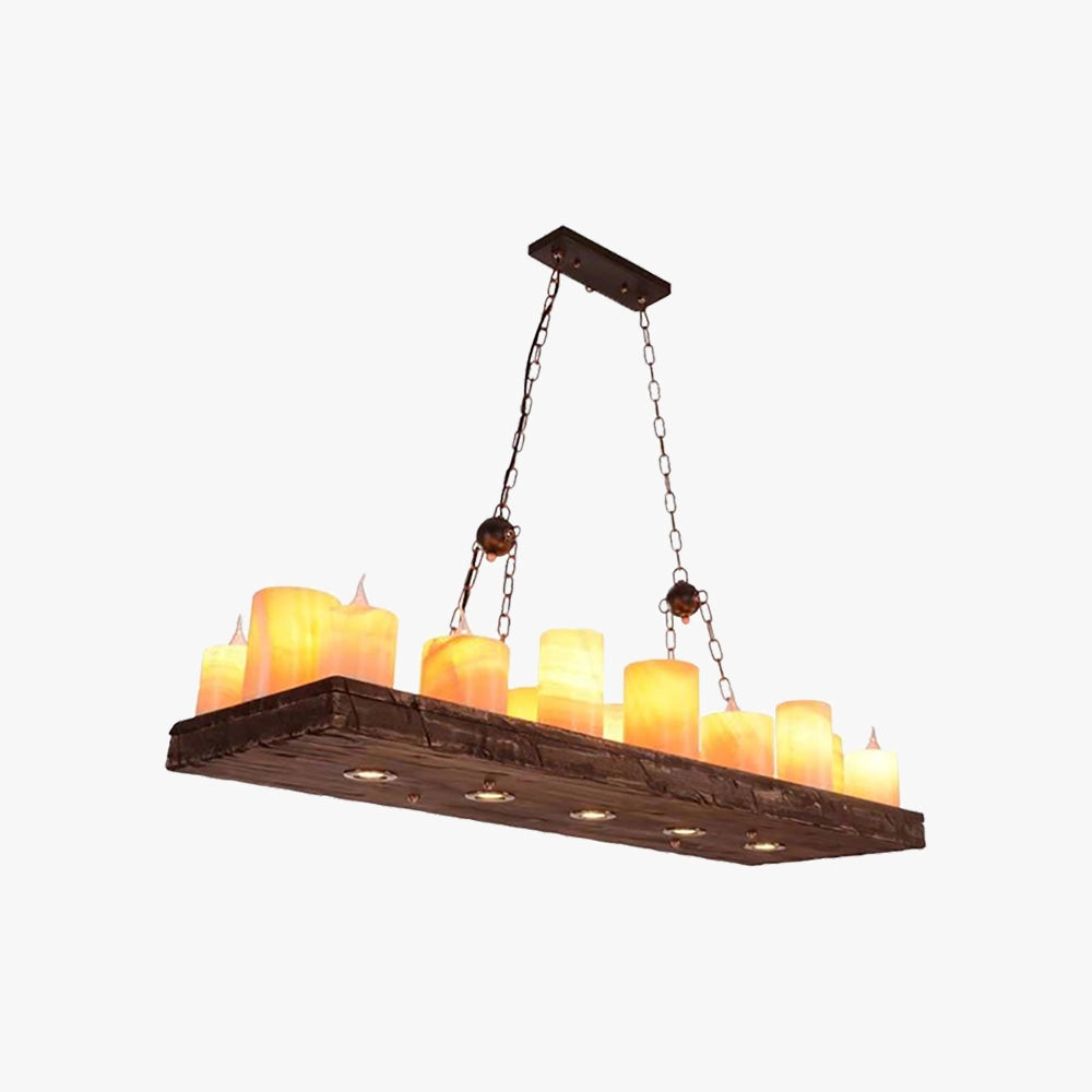 Rustic farmhouse wood beam candle chandelier featuring a rectangular wooden beam with metal accents, designed for dining room lighting.