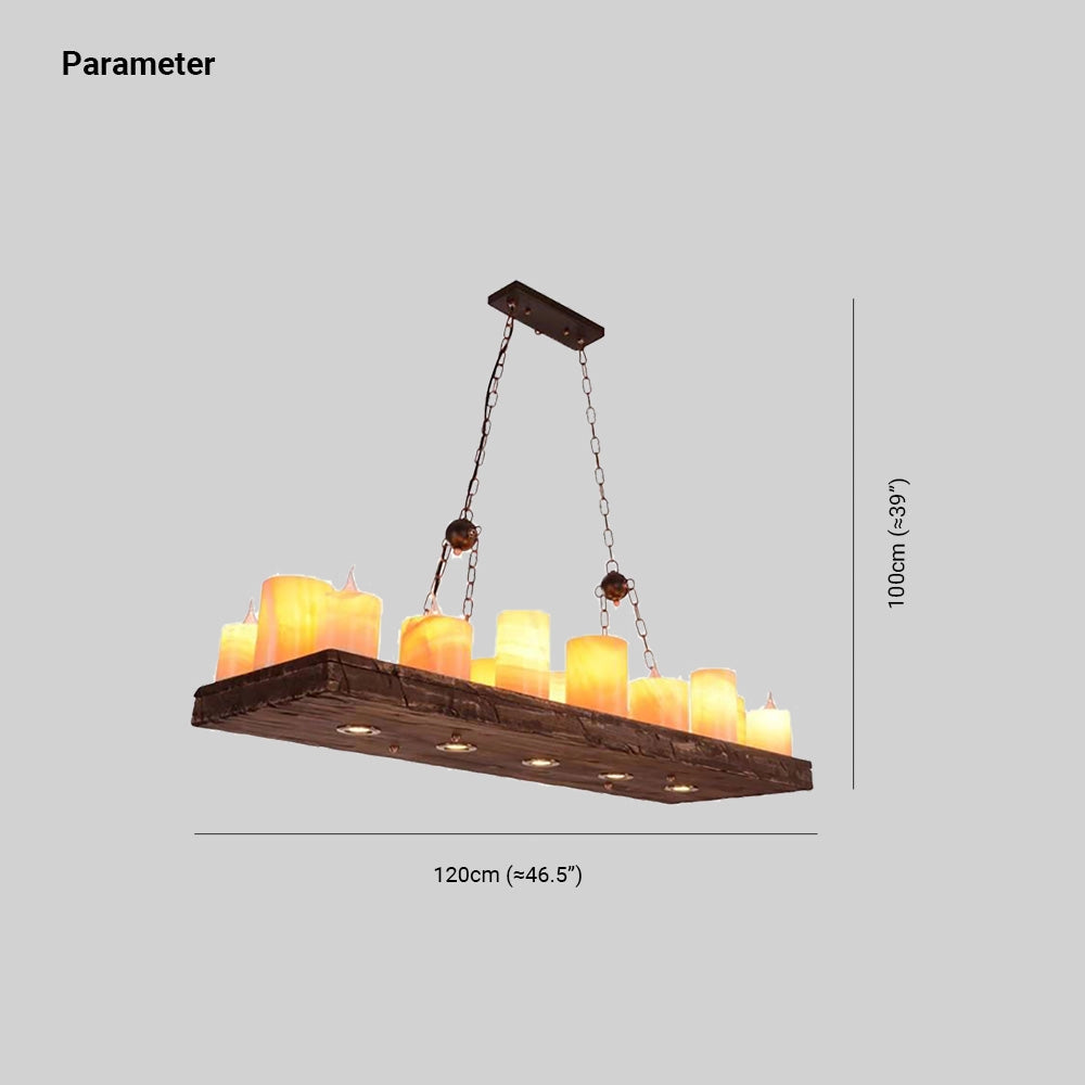 Rustic farmhouse wood beam candle chandelier with a rectangular frame, designed for dining room lighting, featuring a classic and warm aesthetic.