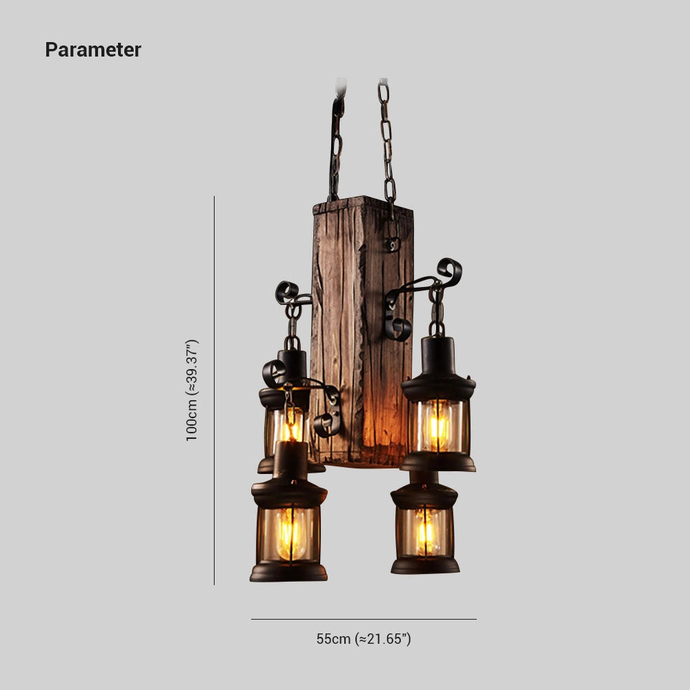 Rustic lantern pendant light featuring an antique wooden chandelier design with a cylindrical metal frame, ceiling fixture, and exposed light bulbs.