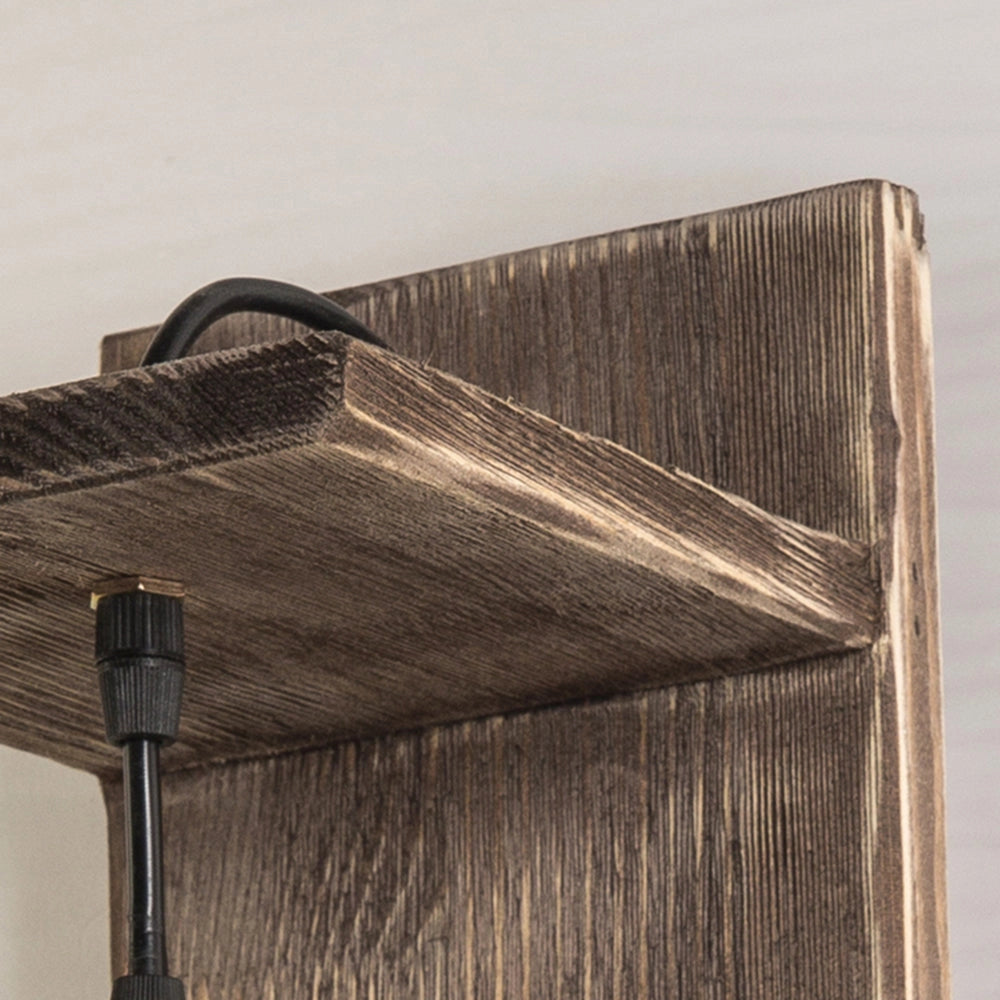 Rustic mason jar wood wall sconce featuring a vintage farmhouse design with a wooden rectangular base and metal accents.